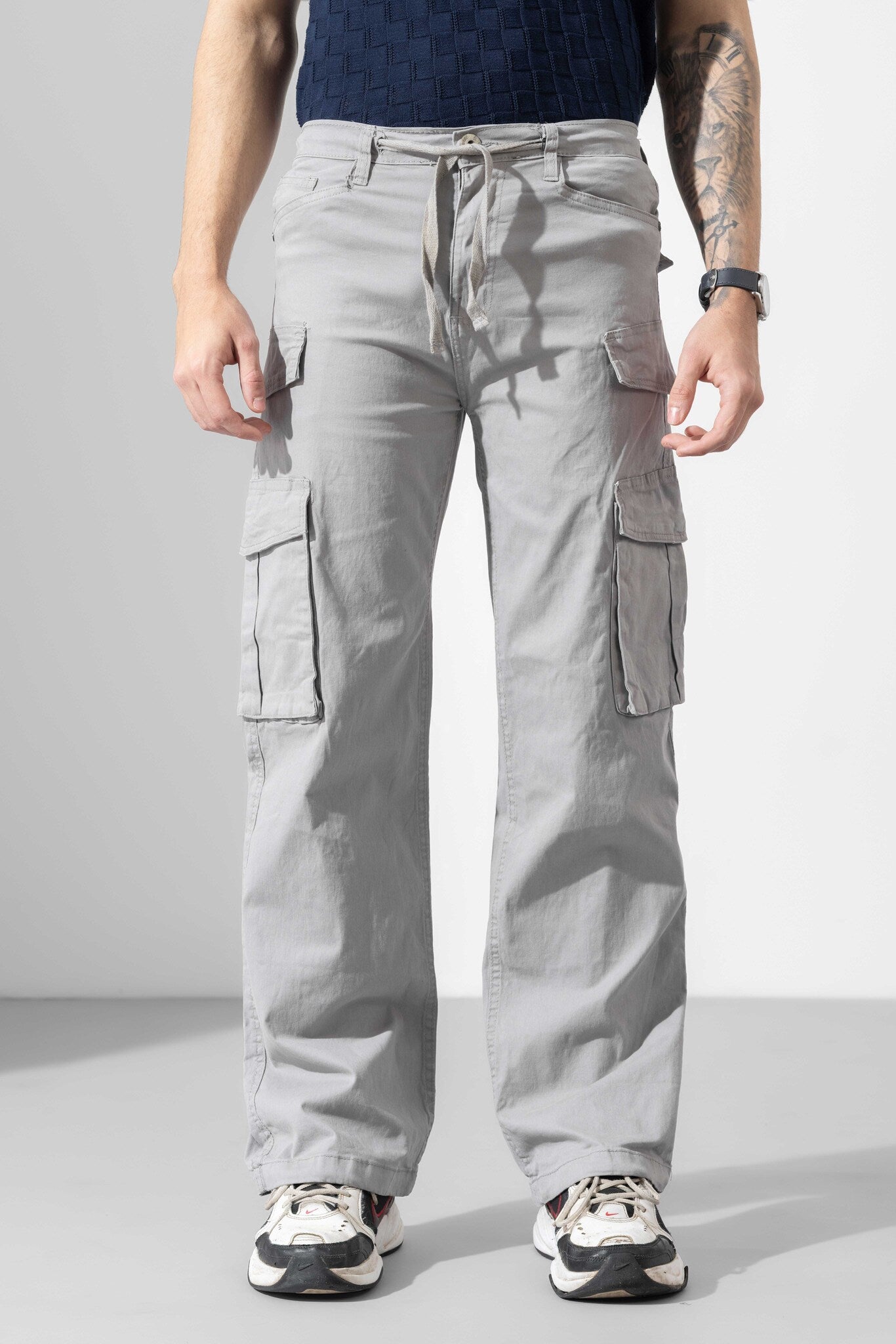 Light Grey Men Darwstring Cotton Cargo Pant