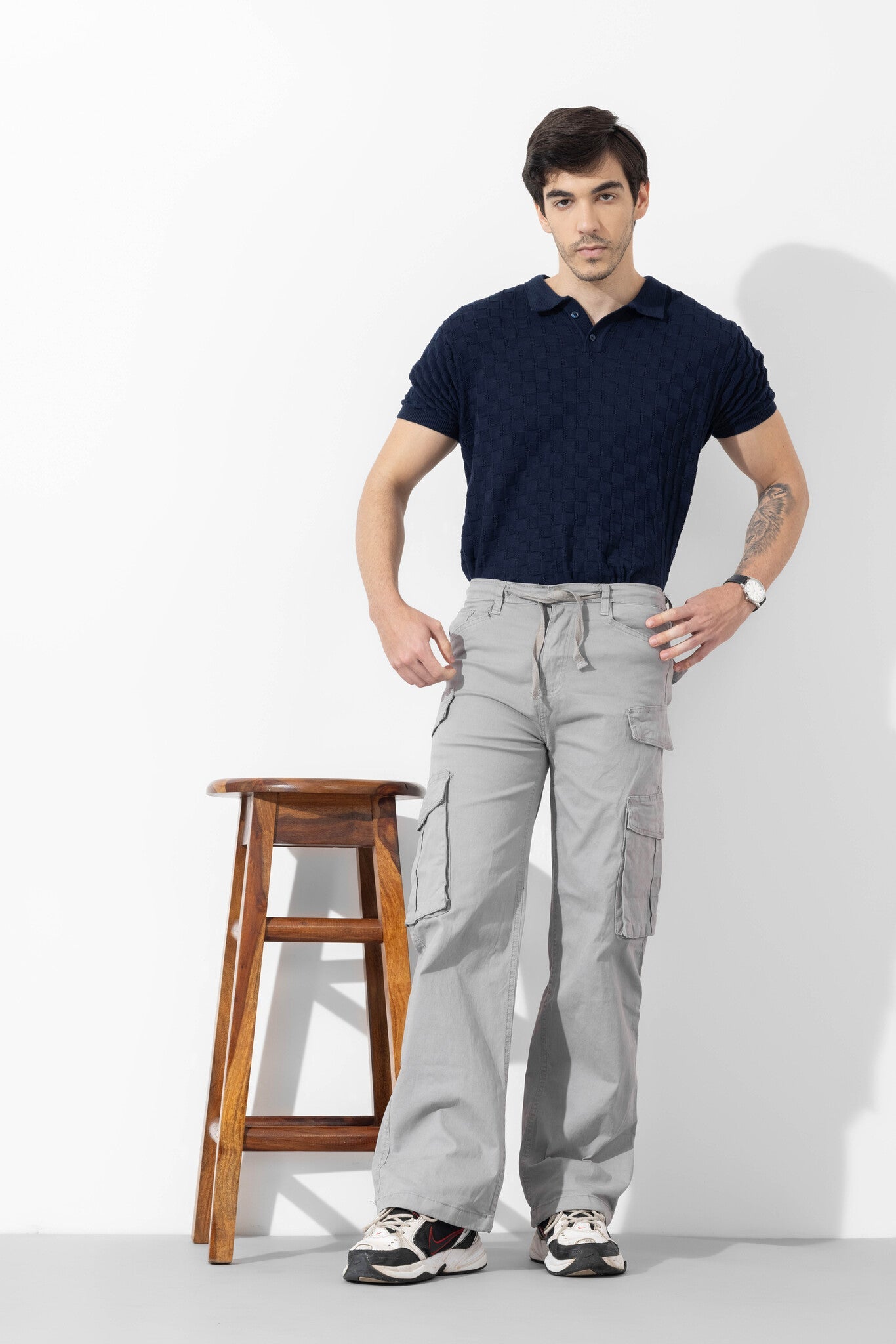 Light Grey Men Darwstring Cotton Cargo Pant