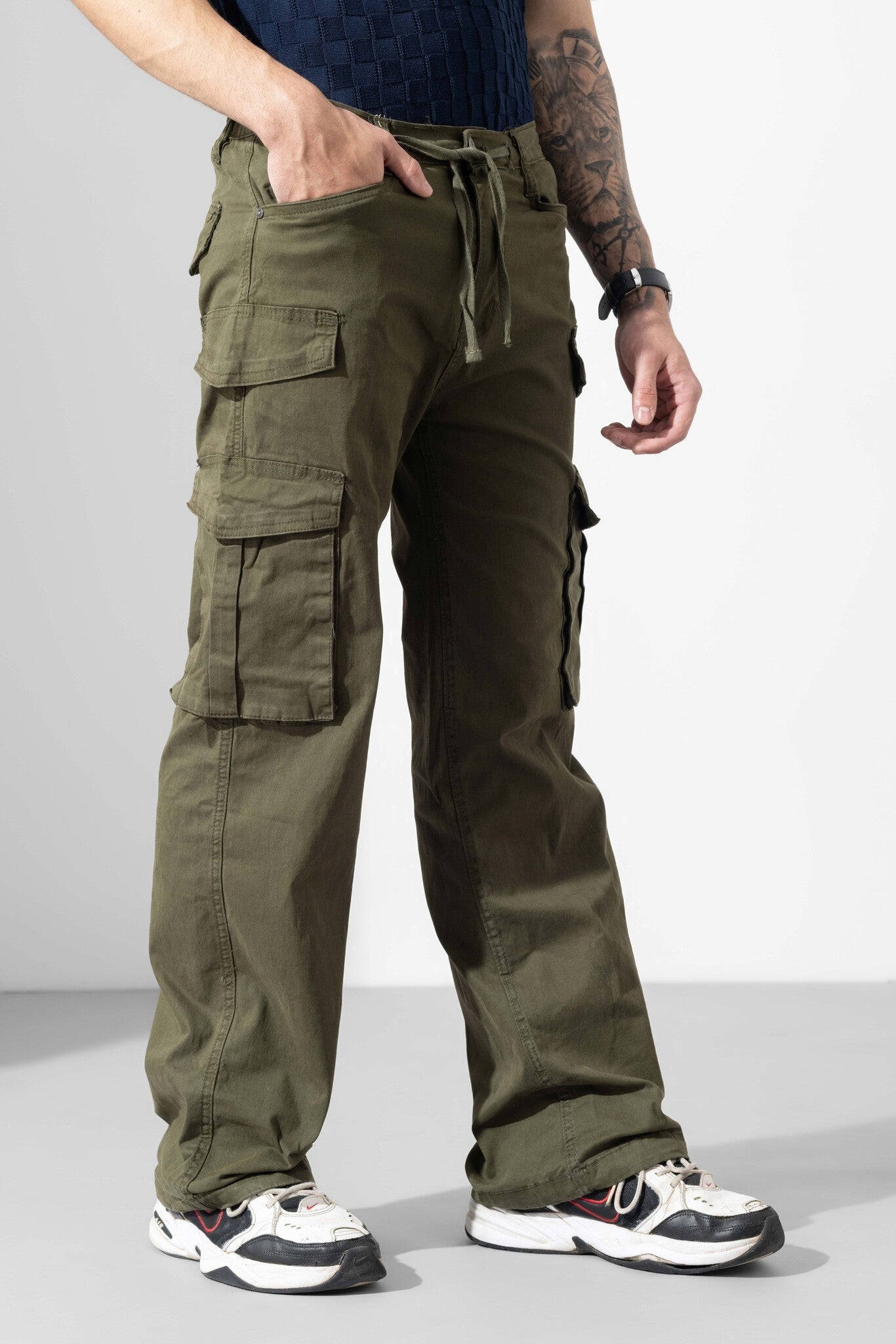 Dark Green Men Darwstring Cotton Cargo Pant