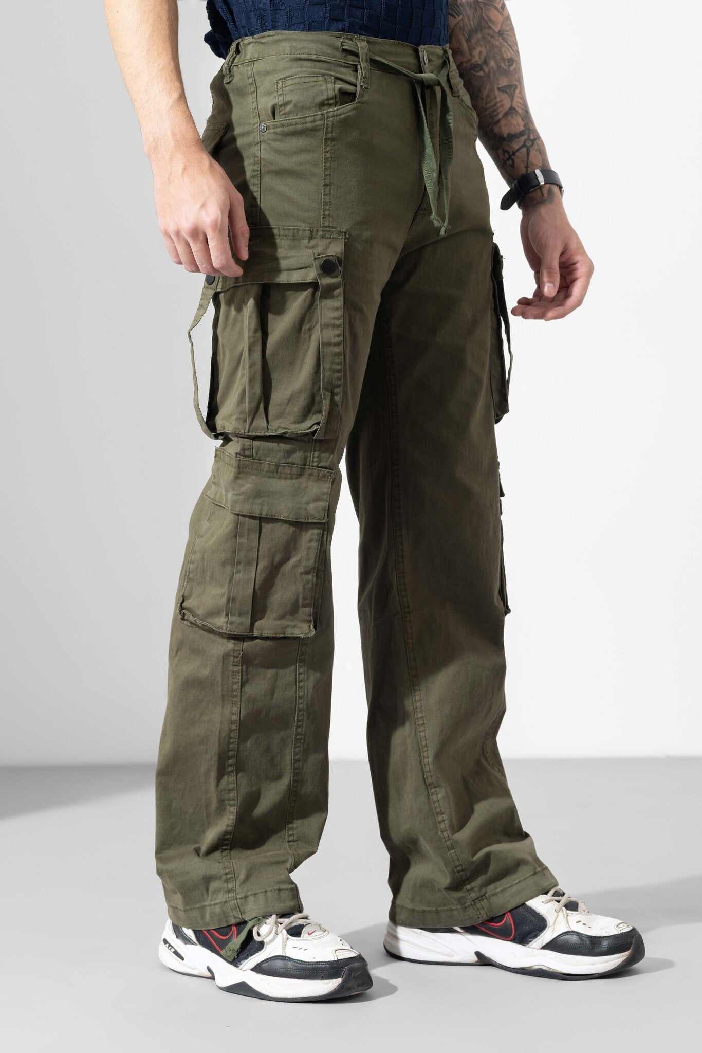 Olive Green Men Drawstring Closure Cotton Cargo Pant