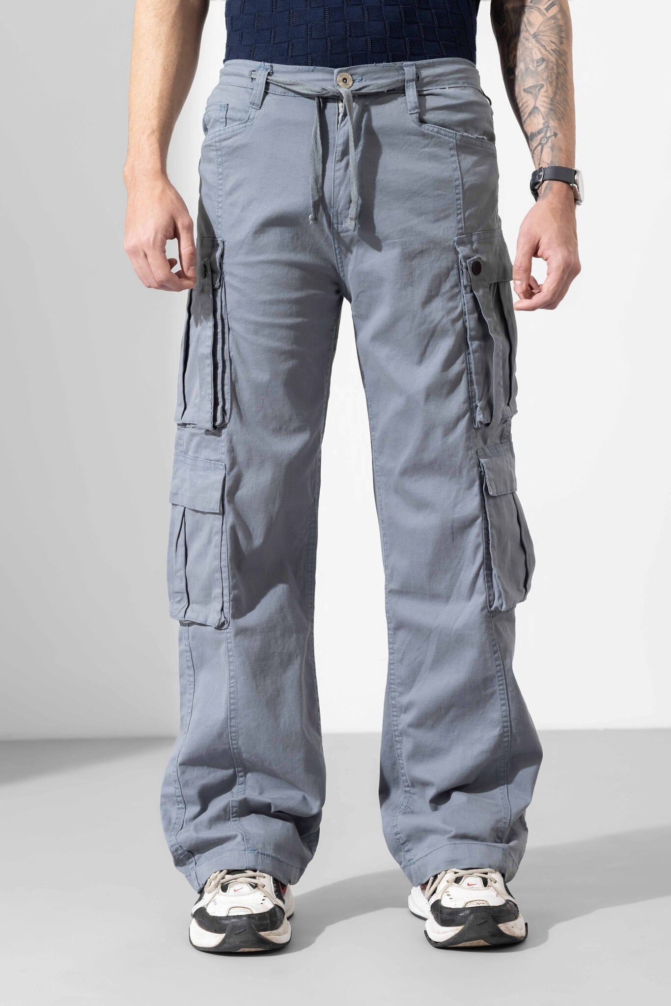 Steel Grey Men Drawstring Cotton Cargo Pant