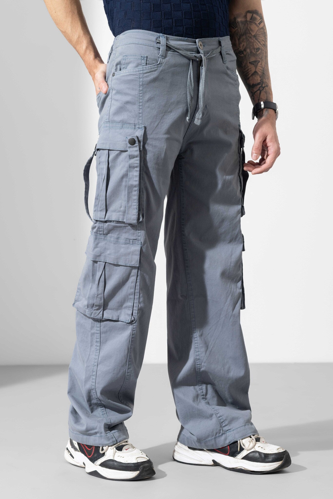 Steel Grey Men Drawstring Cotton Cargo Pant