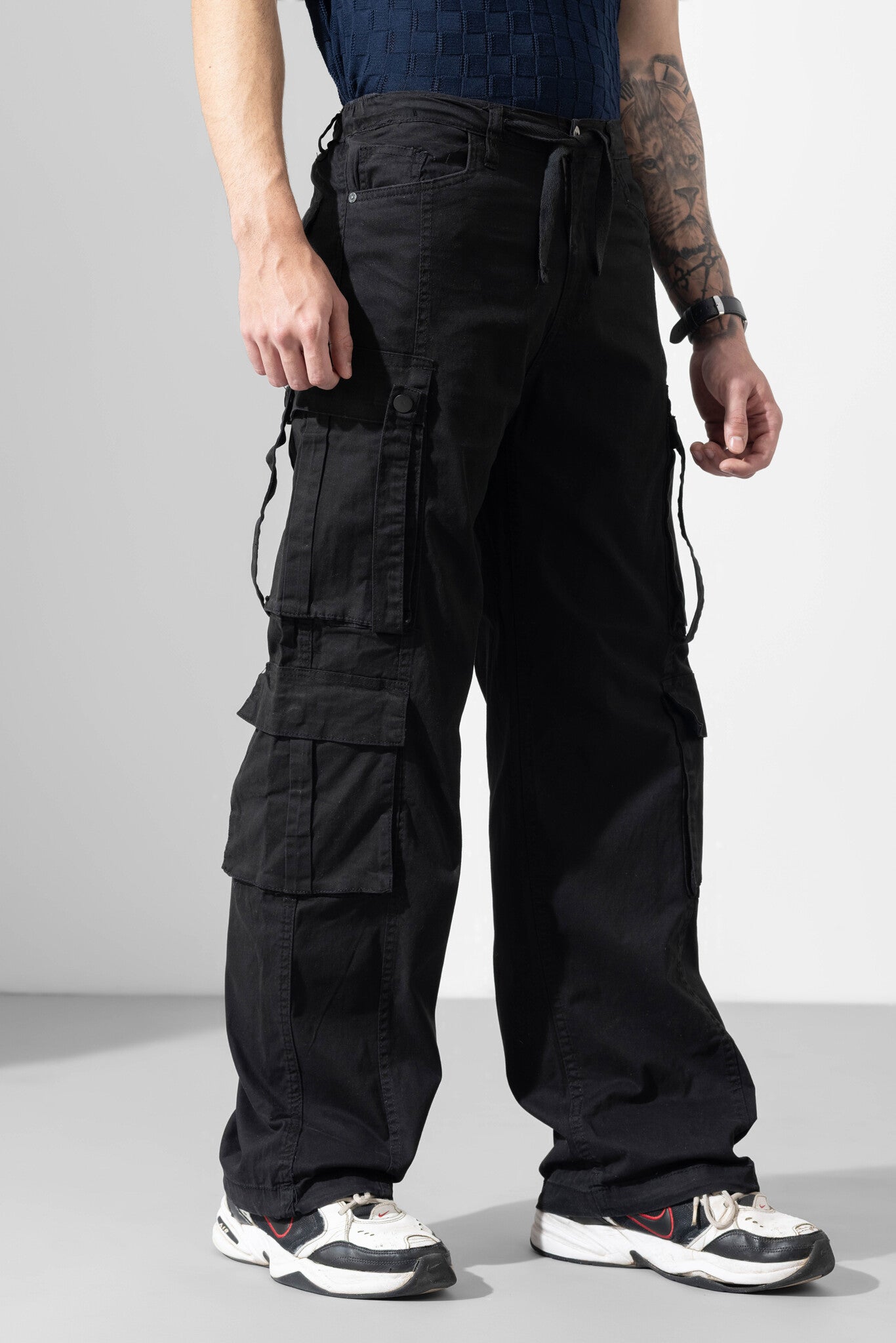 Black Men Drawstring Cotton Cargo Pant