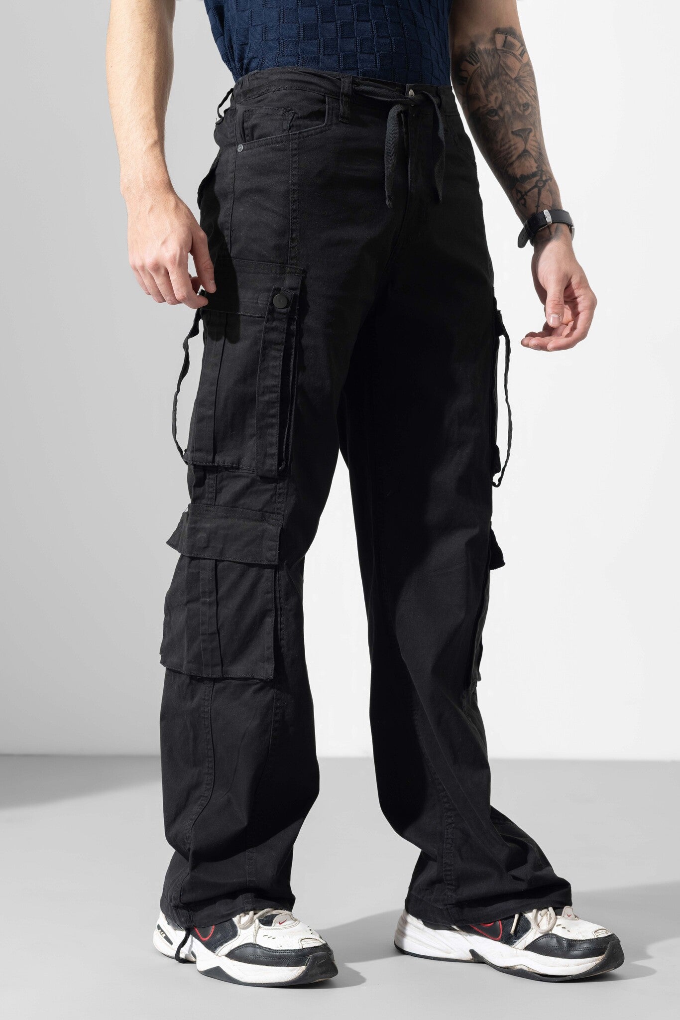 Black Men Drawstring Cotton Cargo Pant