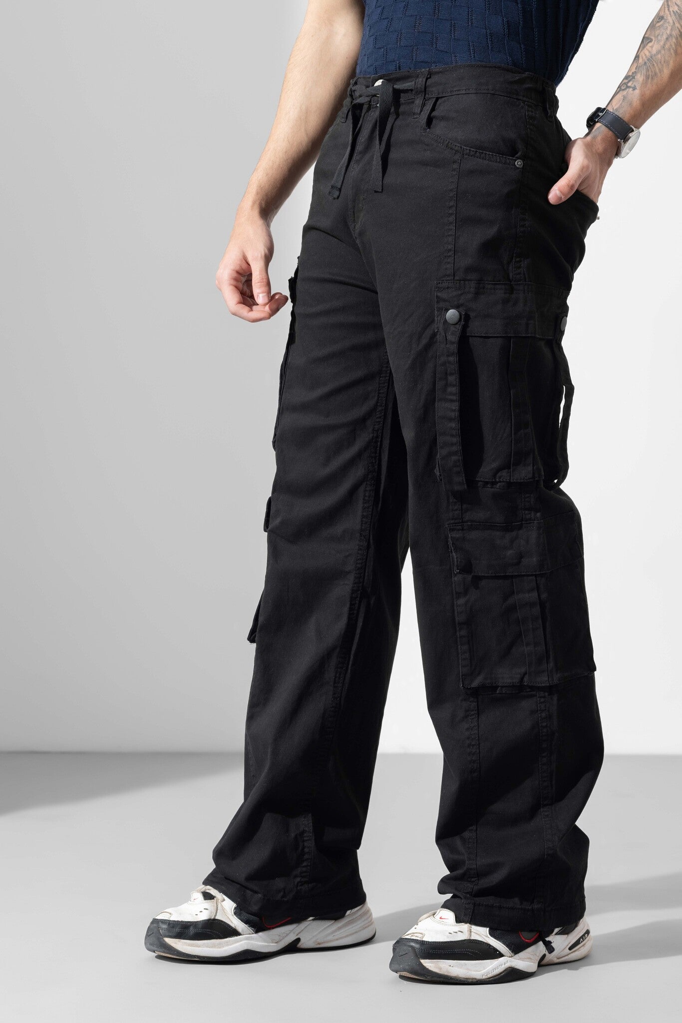 Black Men Drawstring Cotton Cargo Pant