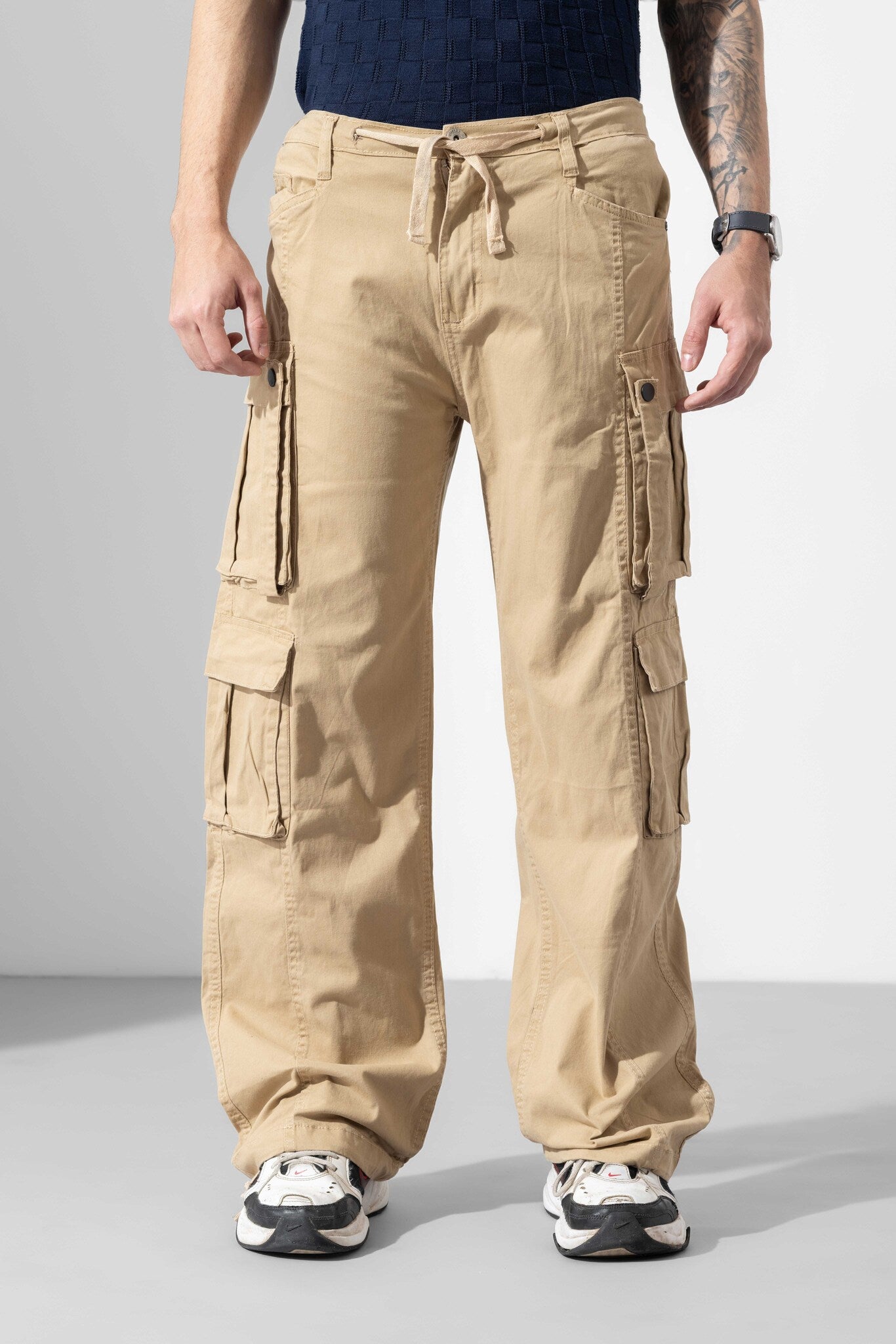 Beige Men Drawstring Cotton Cargo Pant