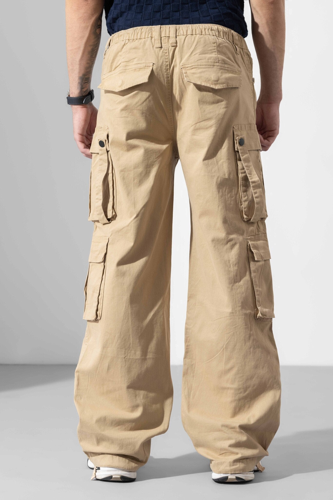 Beige Men Drawstring Cotton Cargo Pant