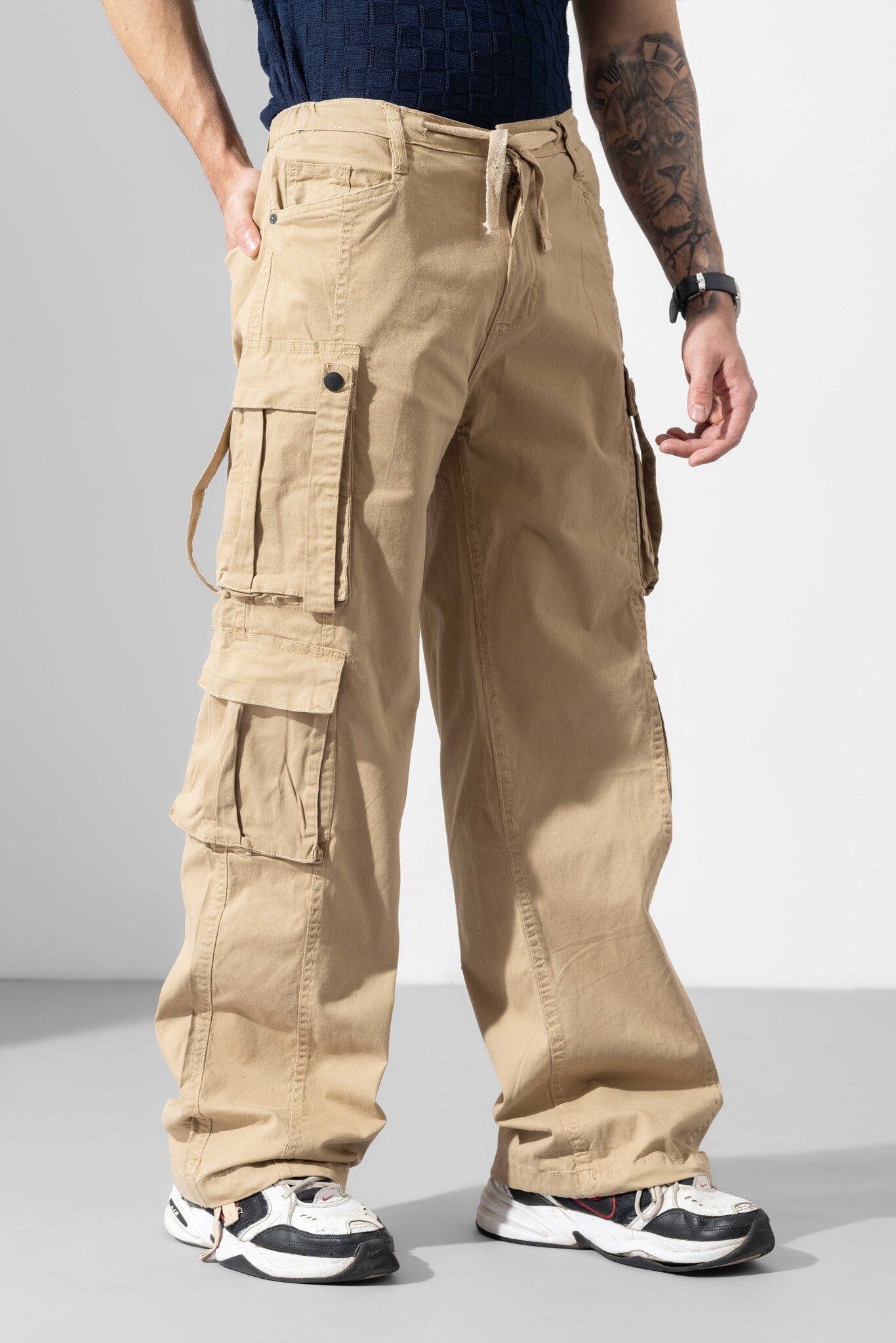 Beige Men Drawstring Cotton Cargo Pant