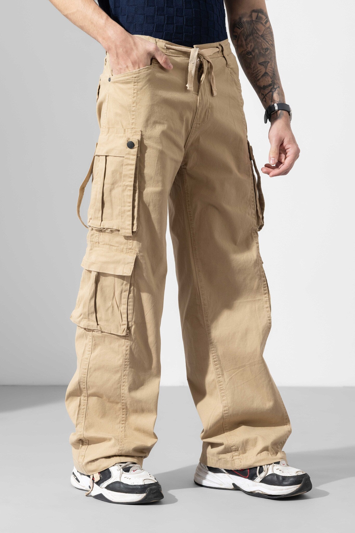 Beige Men Drawstring Cotton Cargo Pant