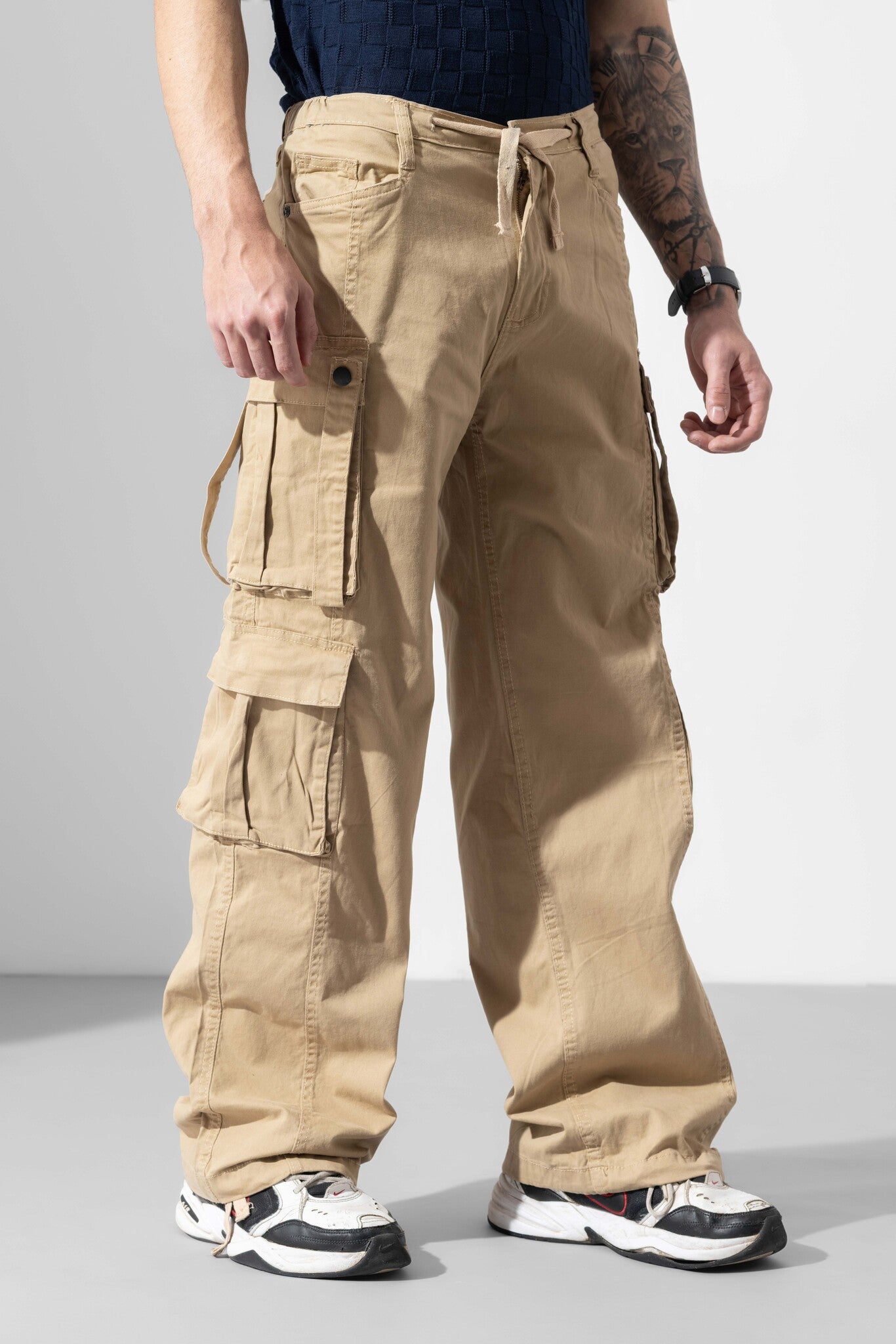 Beige Men Drawstring Cotton Cargo Pant