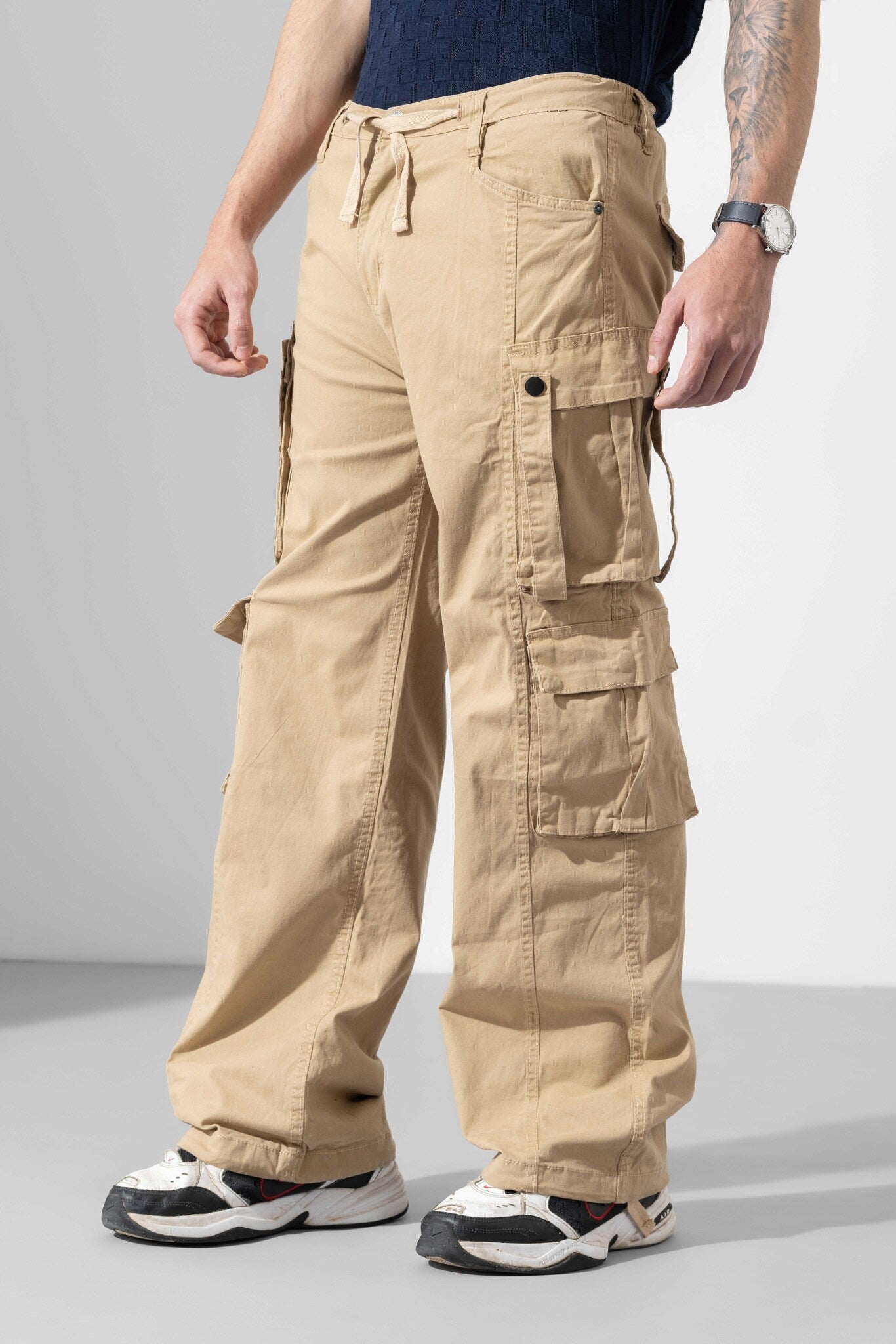 Beige Men Drawstring Cotton Cargo Pant