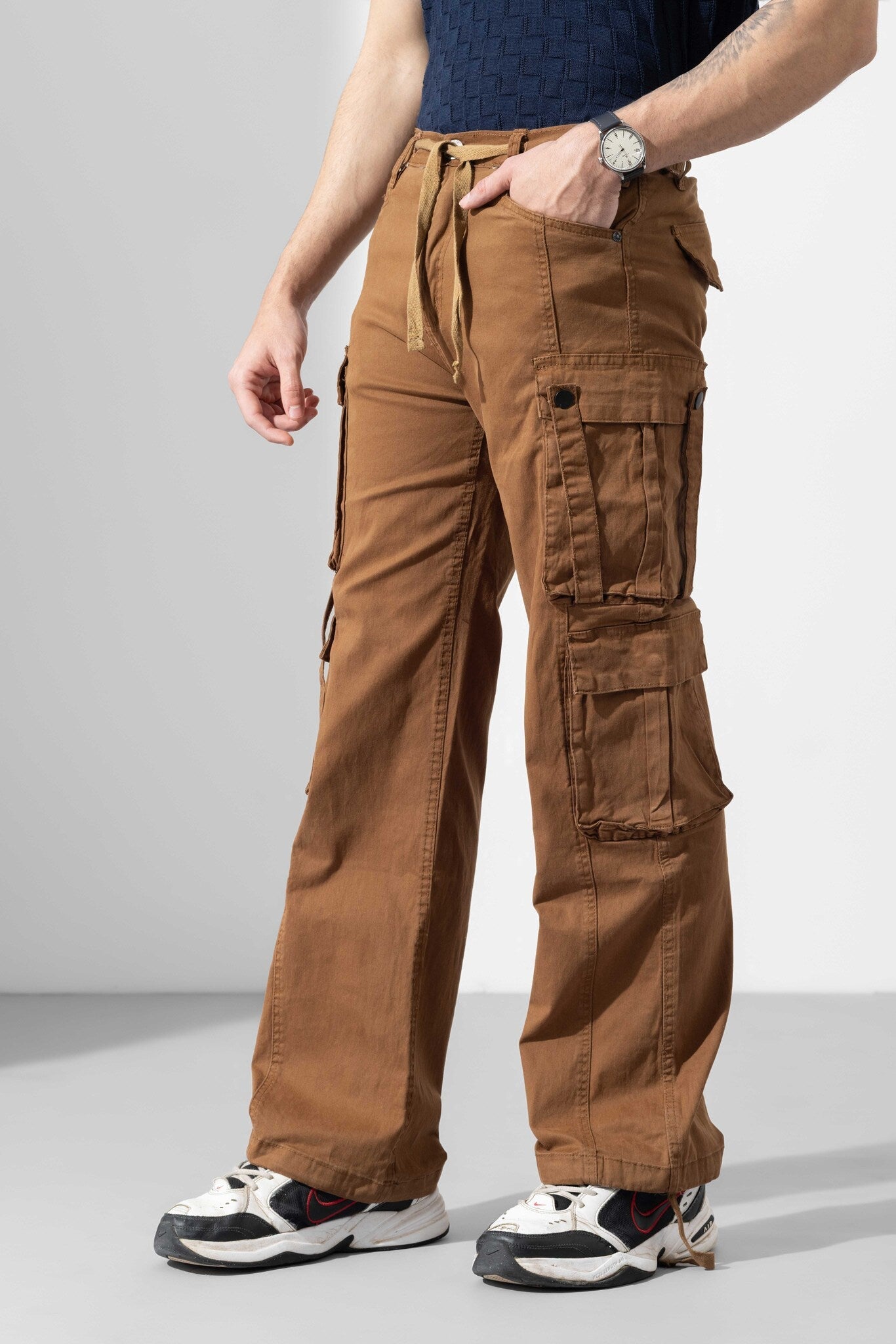 Dark Brown Men Drawstring Cotton Cargo Pant