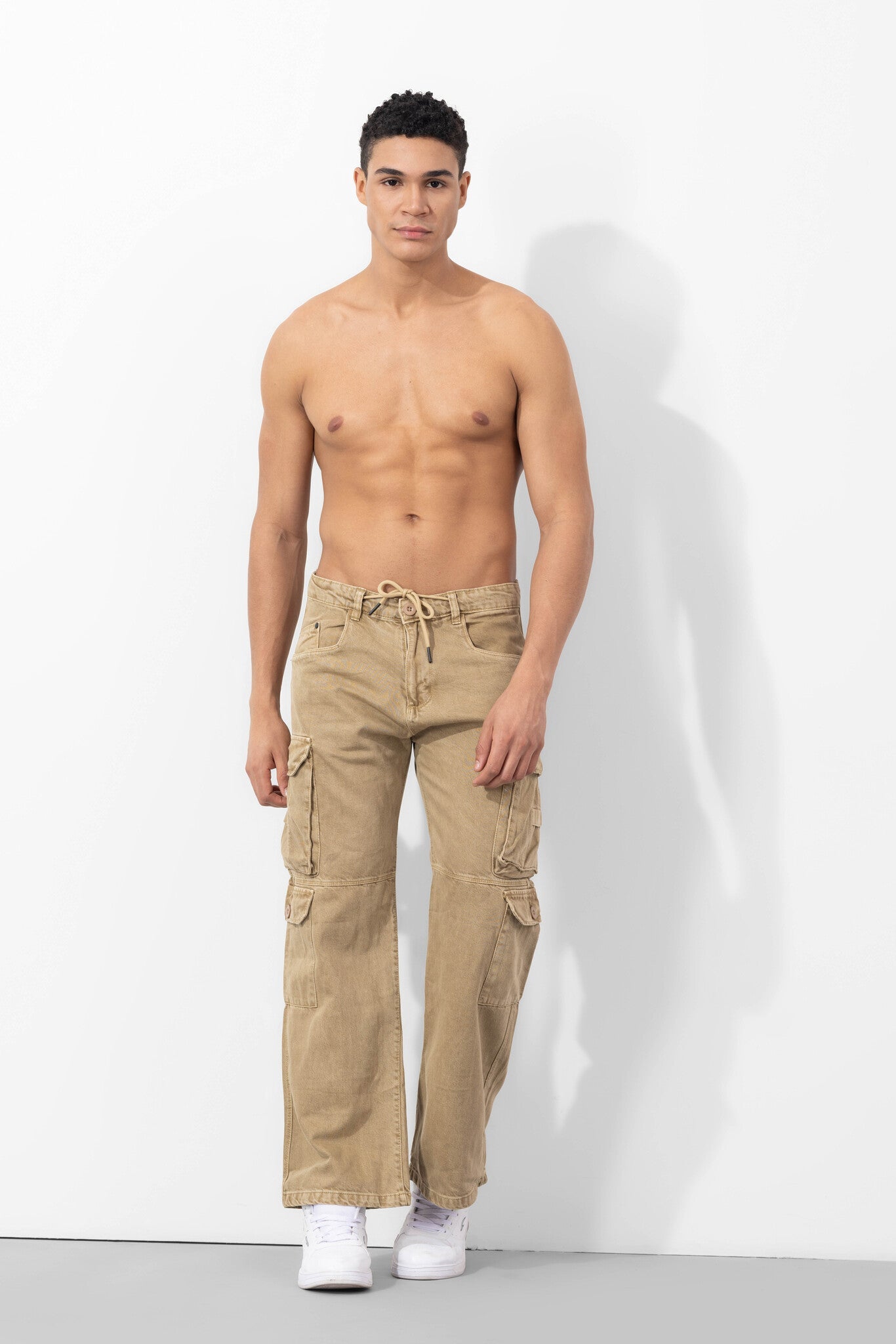 Beige Drawstring Closure Multi Pocket Cargo Pants