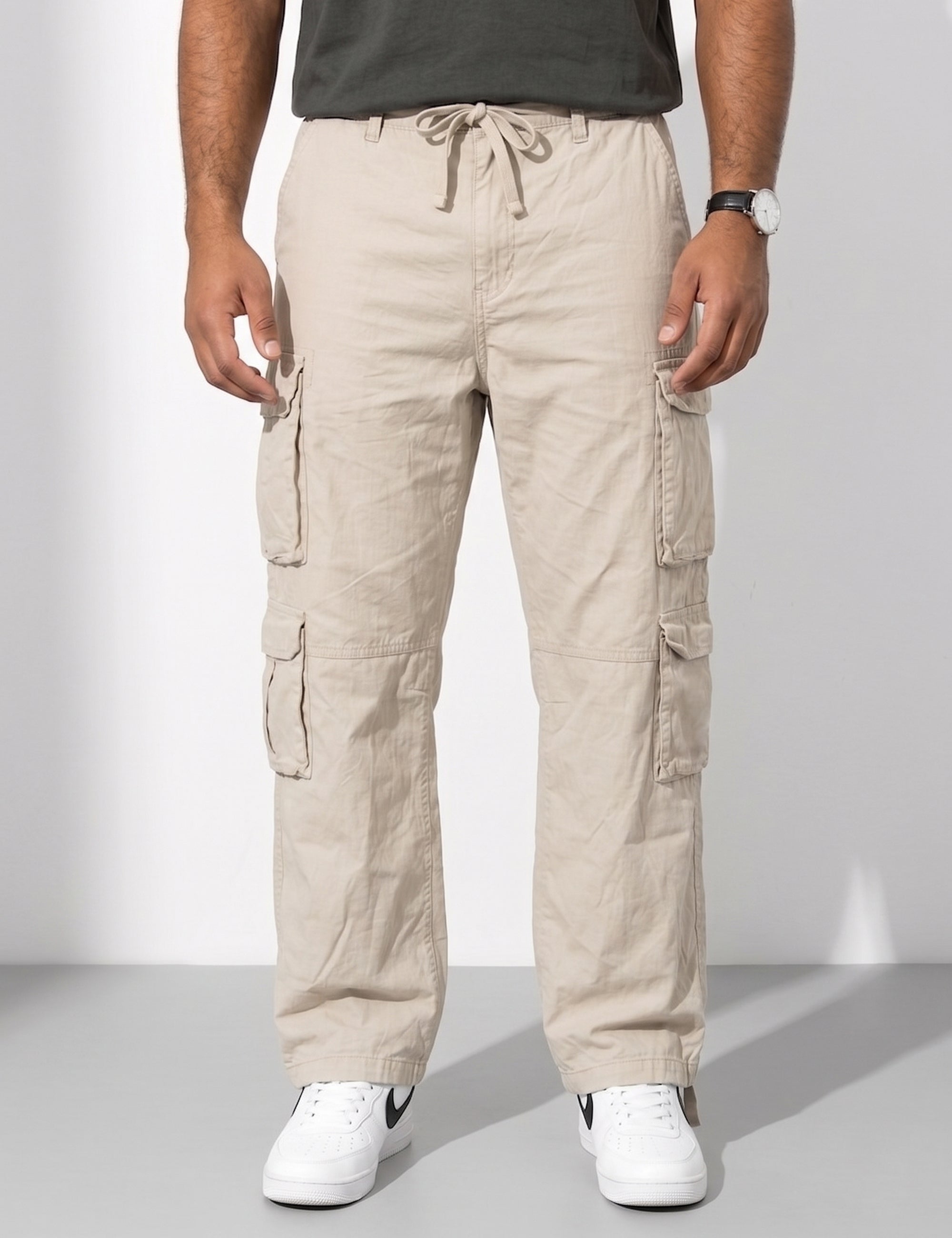 Cream Men Elasticated Waist Drawstring Closure Cargo Pant