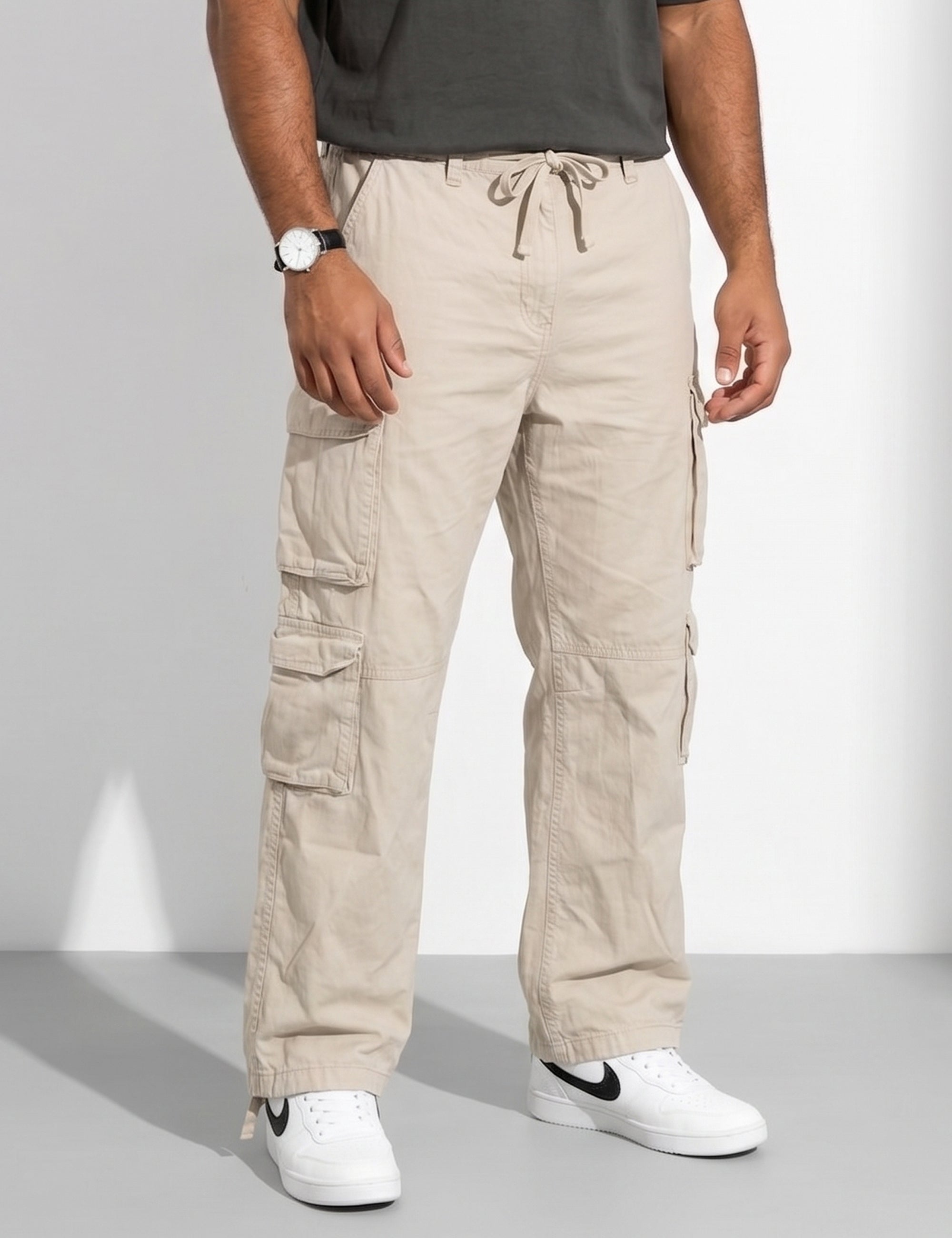Cream Men Elasticated Waist Drawstring Closure Cargo Pant
