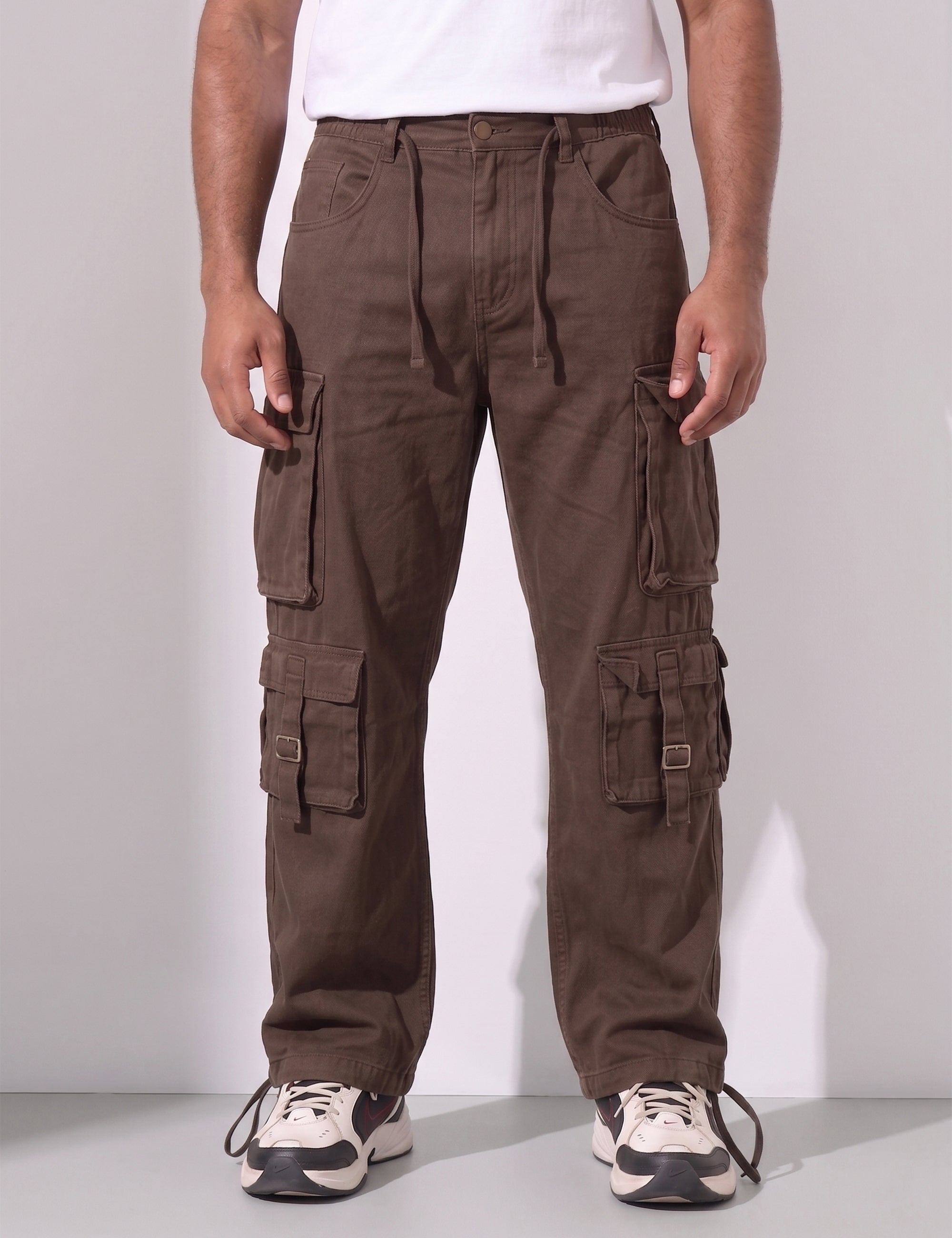 Brown Multi Pocket Button Closure Cargo Denim