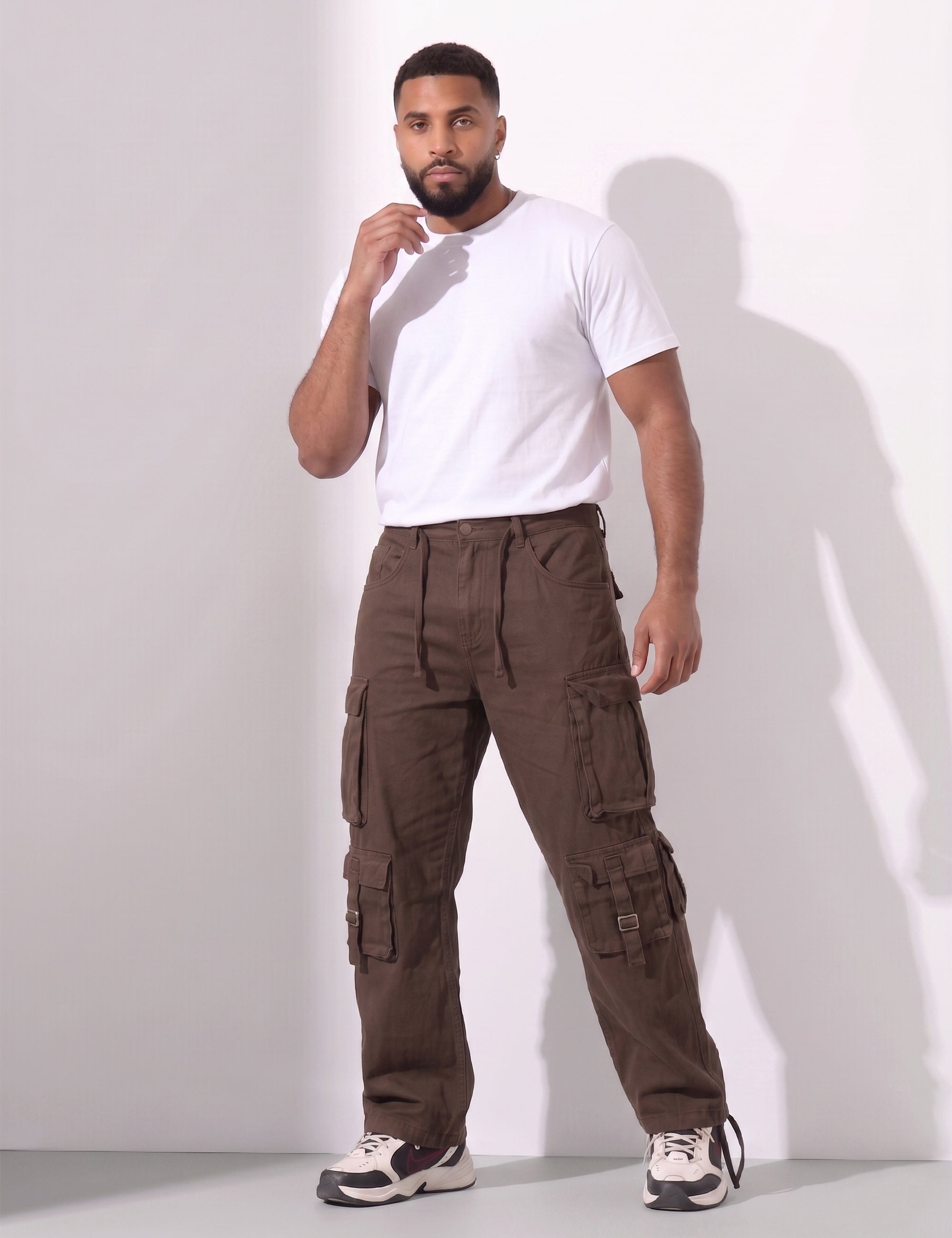 Brown Multi Pocket Button Closure Cargo Denim