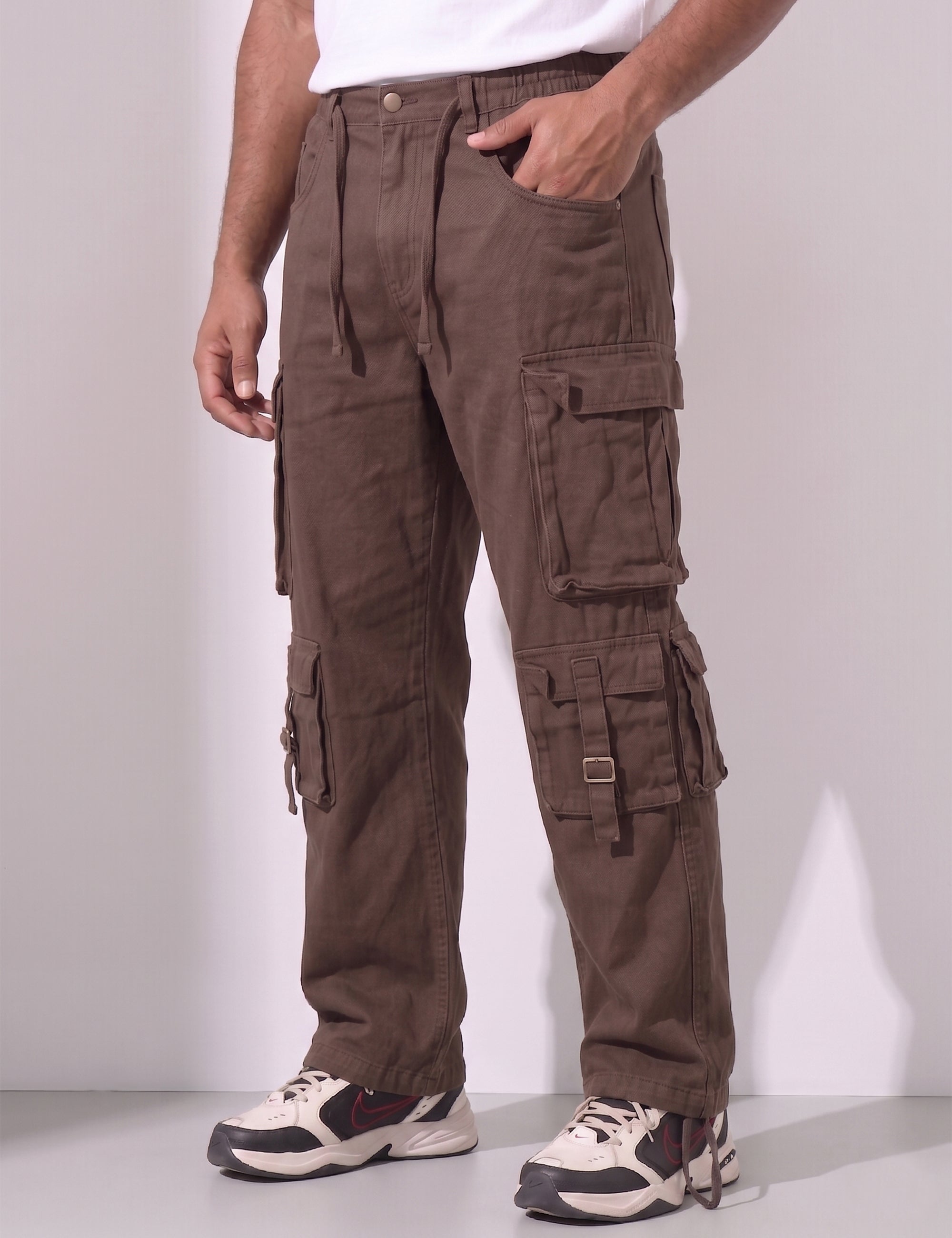 Brown Multi Pocket Button Closure Cargo Denim