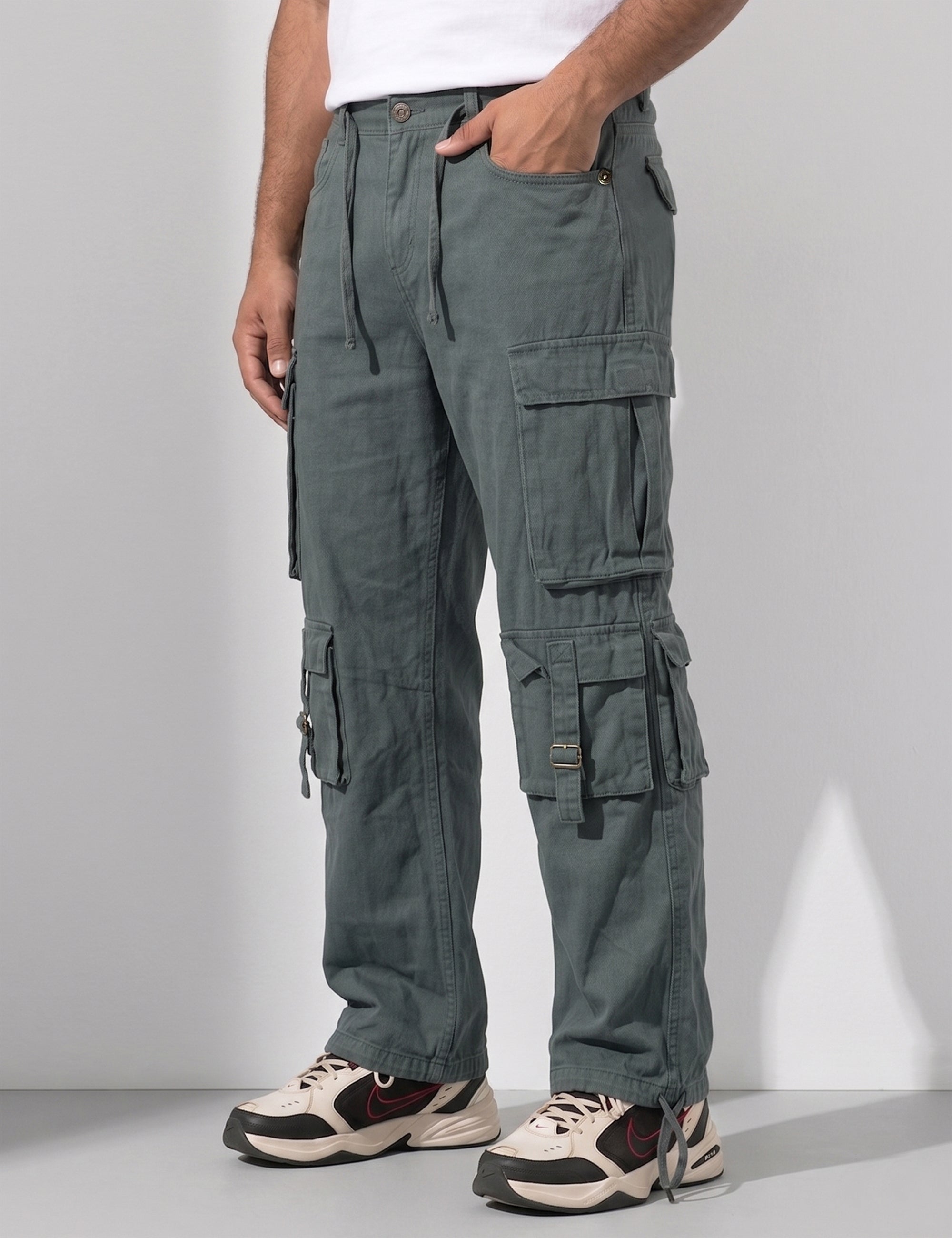 Steel Multi Pocket Button Closure Cargo Denim