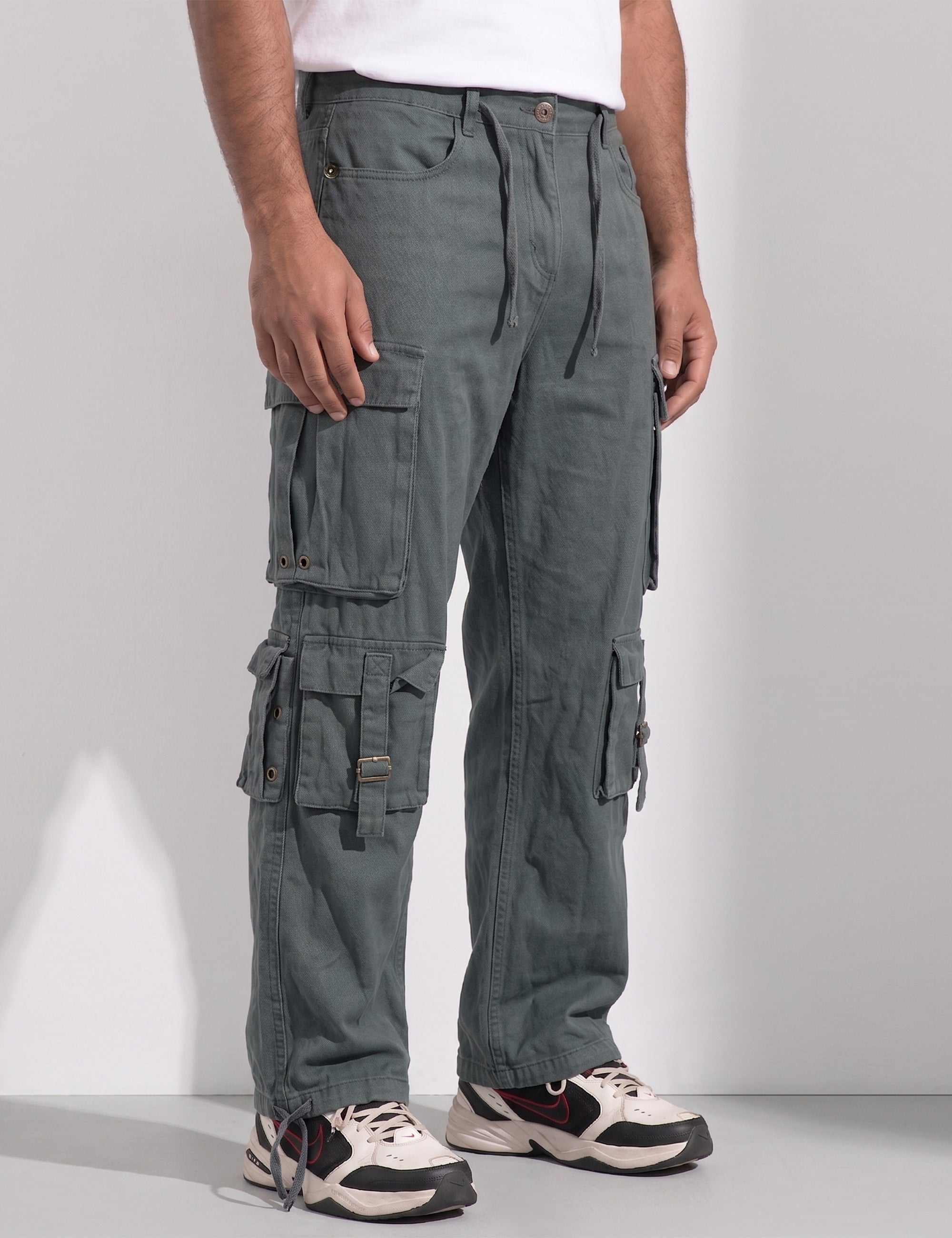 Steel Multi Pocket Button Closure Cargo Denim