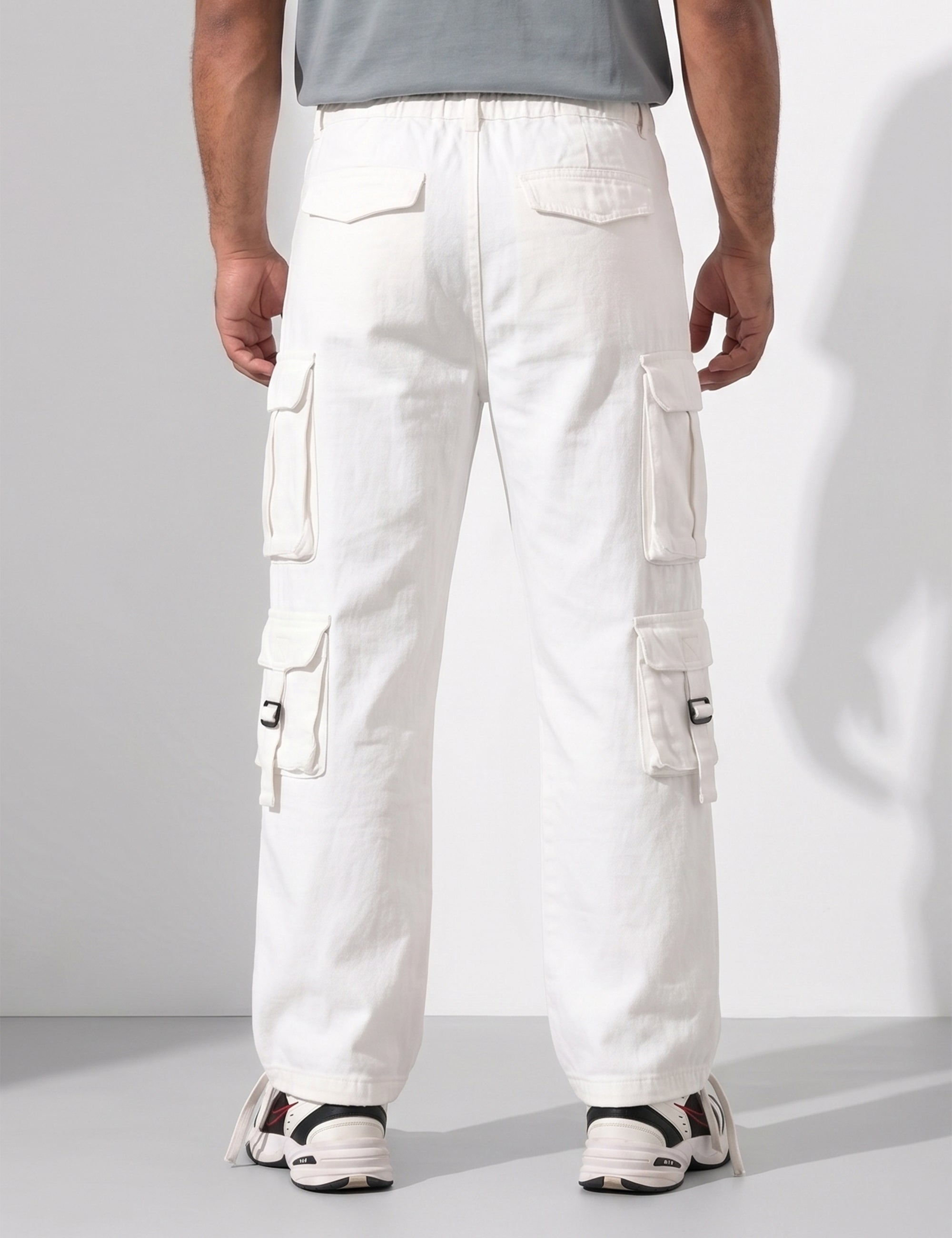White Multi Pocket Button Closure Cargo Denim