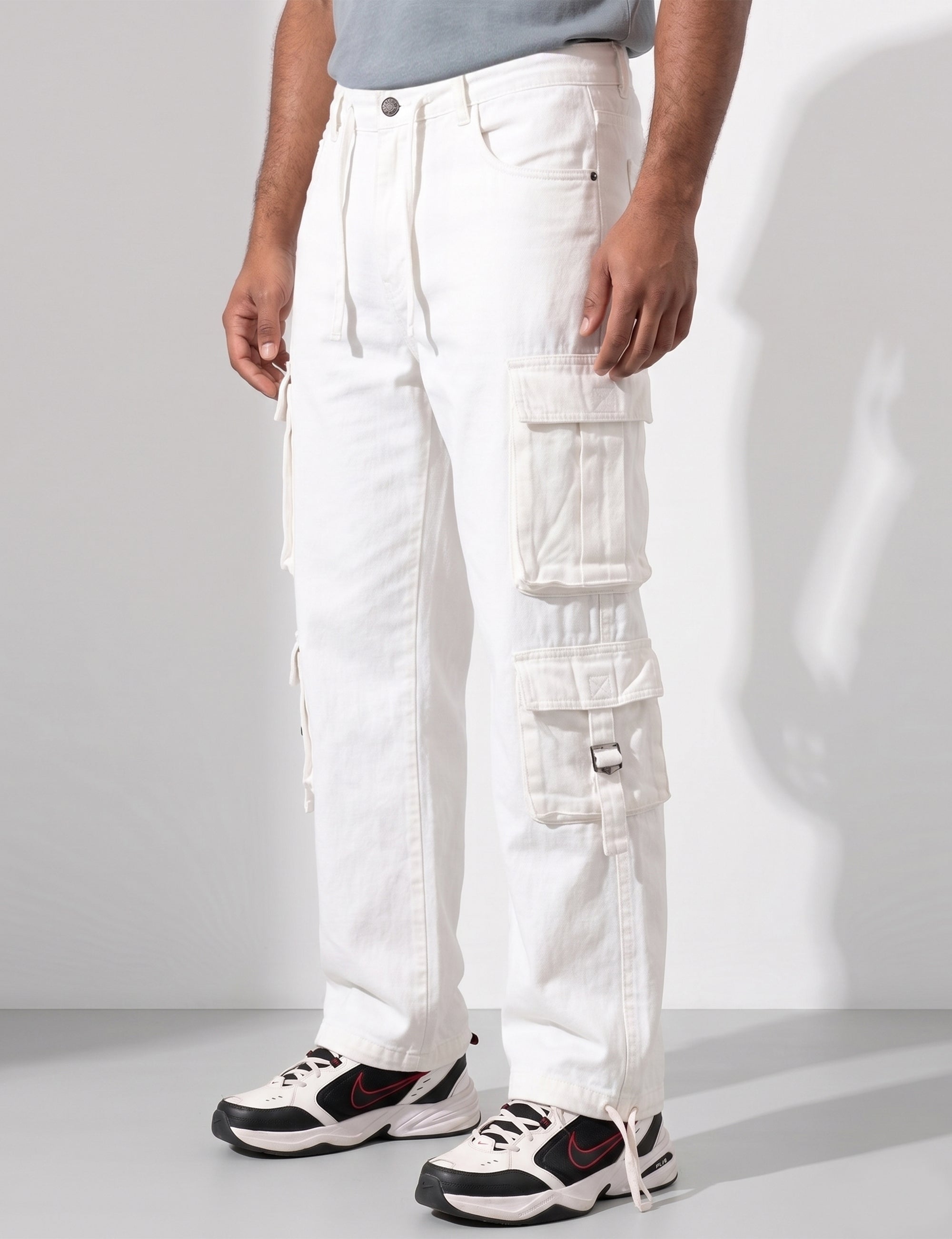 White Multi Pocket Button Closure Cargo Denim