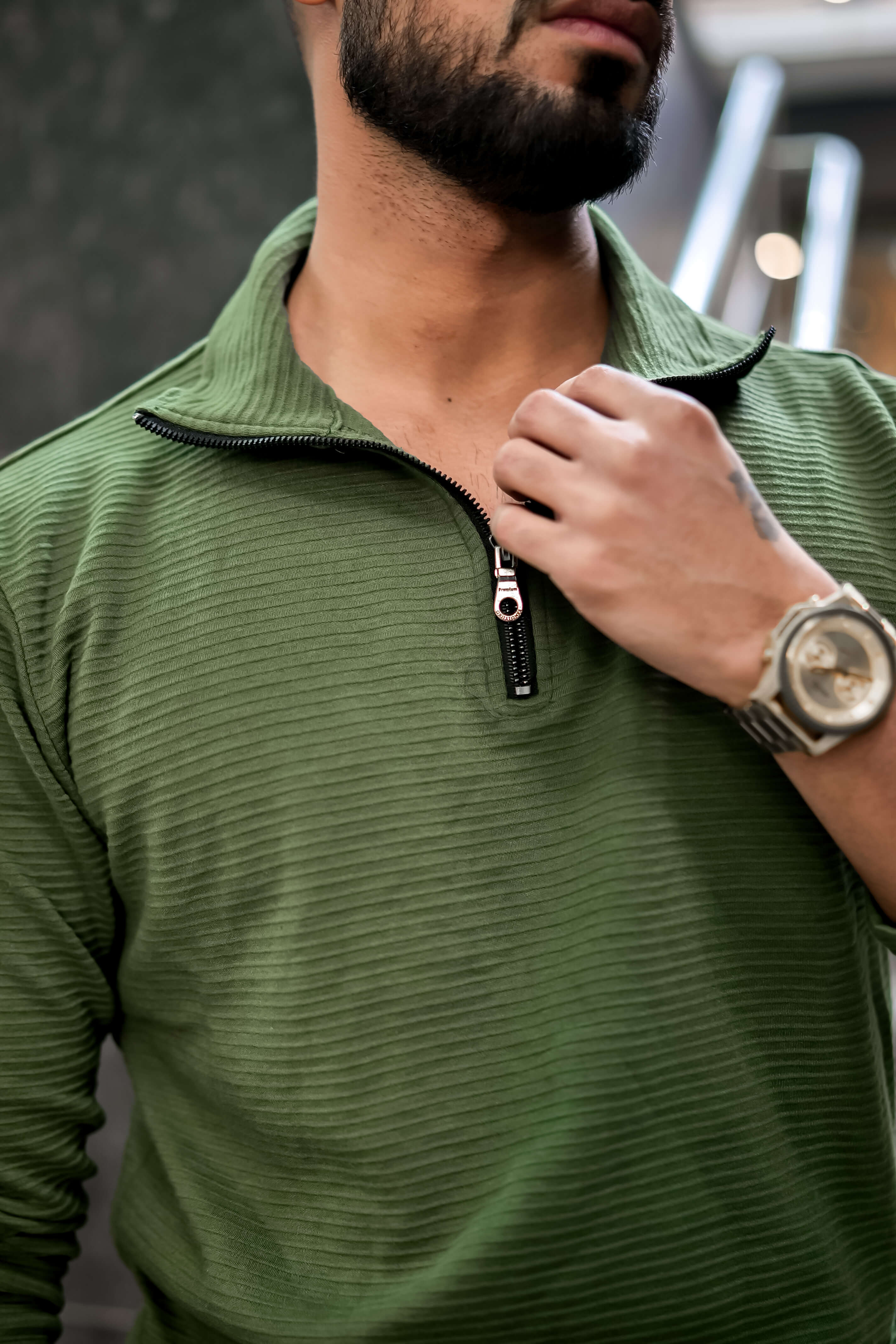 Green Textured Zipper T-Shirt