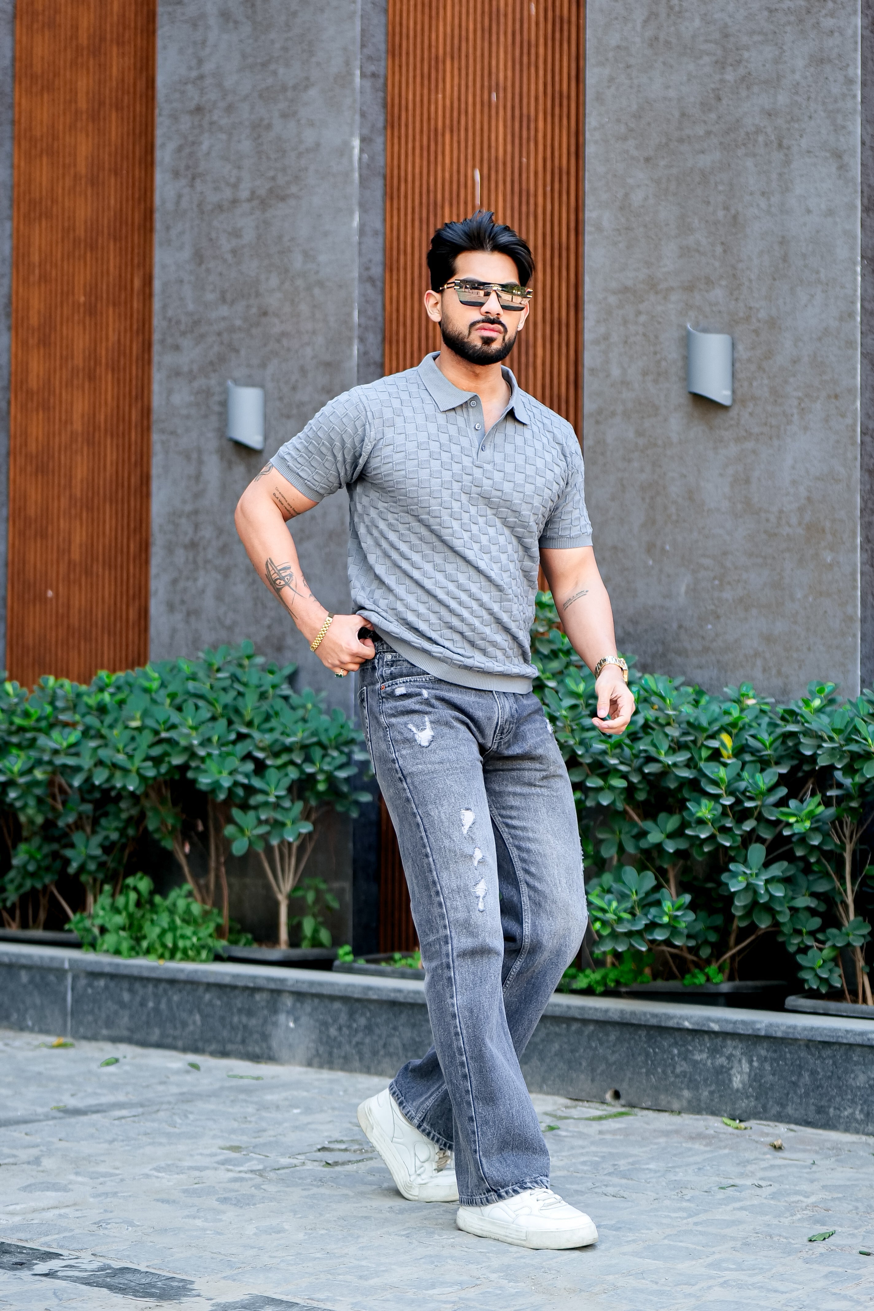 Grey Premium Flat knit Polo T-shirt