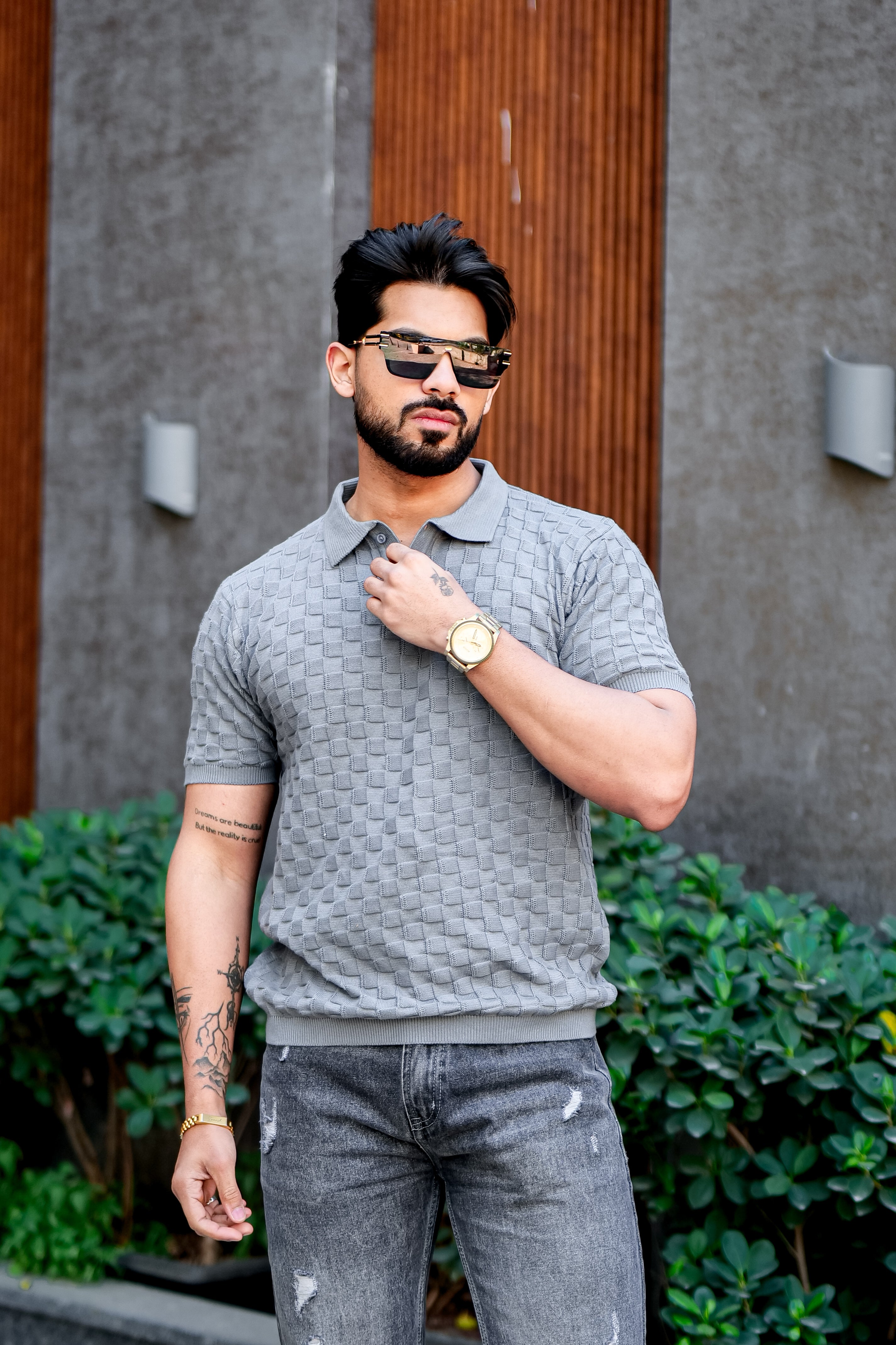 Grey Premium Flat knit Polo T-shirt