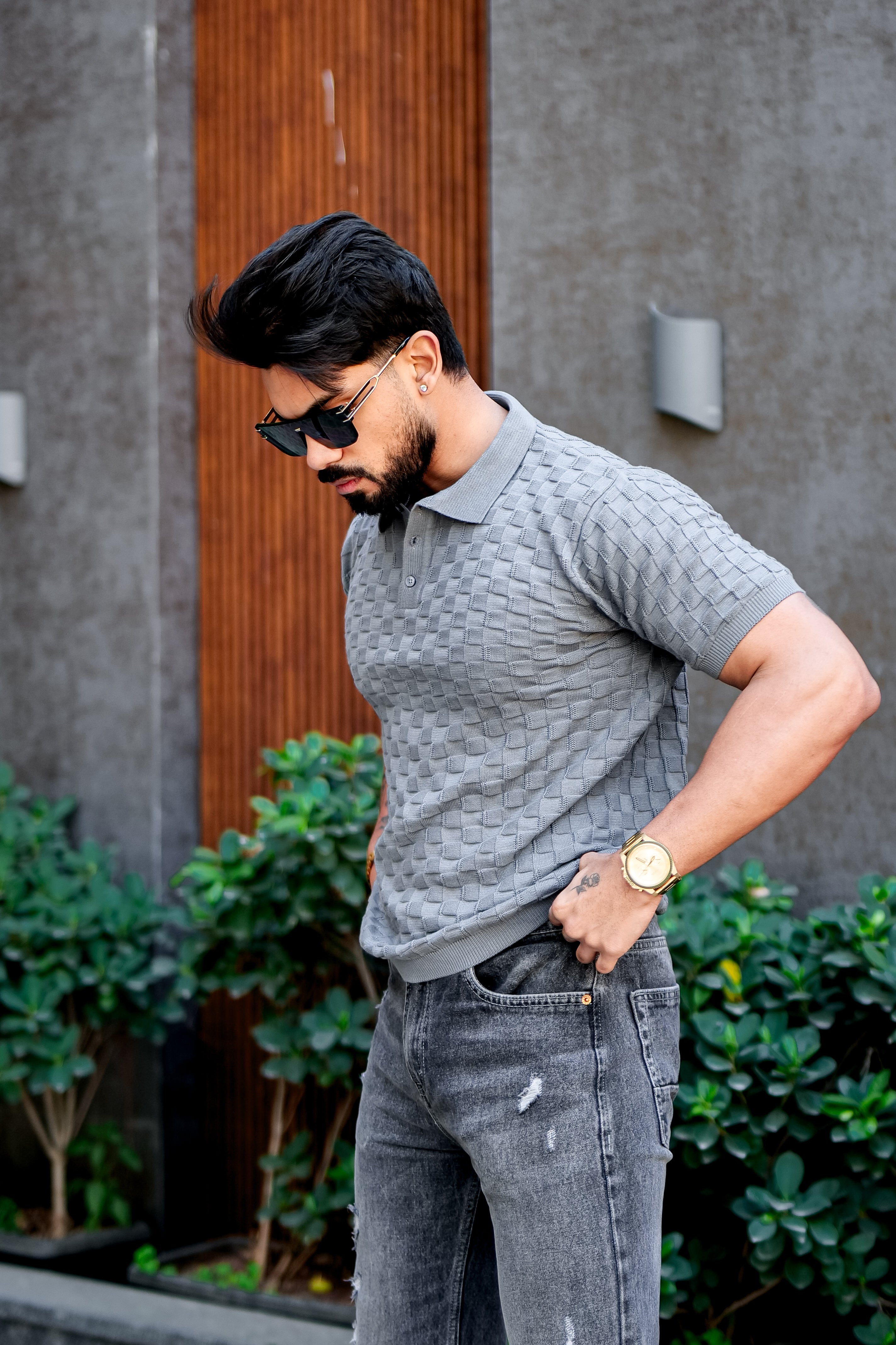 Grey Premium Flat knit Polo T-shirt