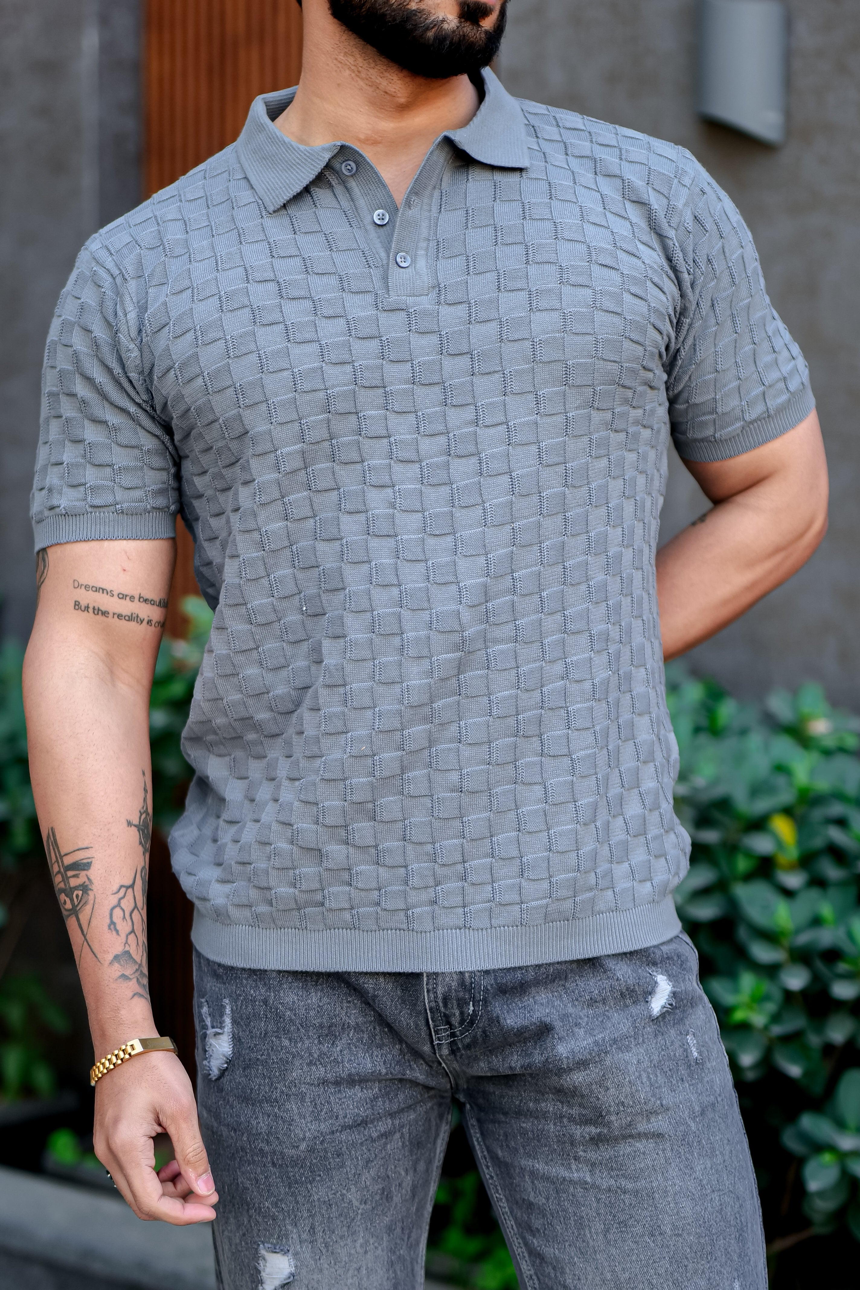 Grey Premium Flat knit Polo T-shirt