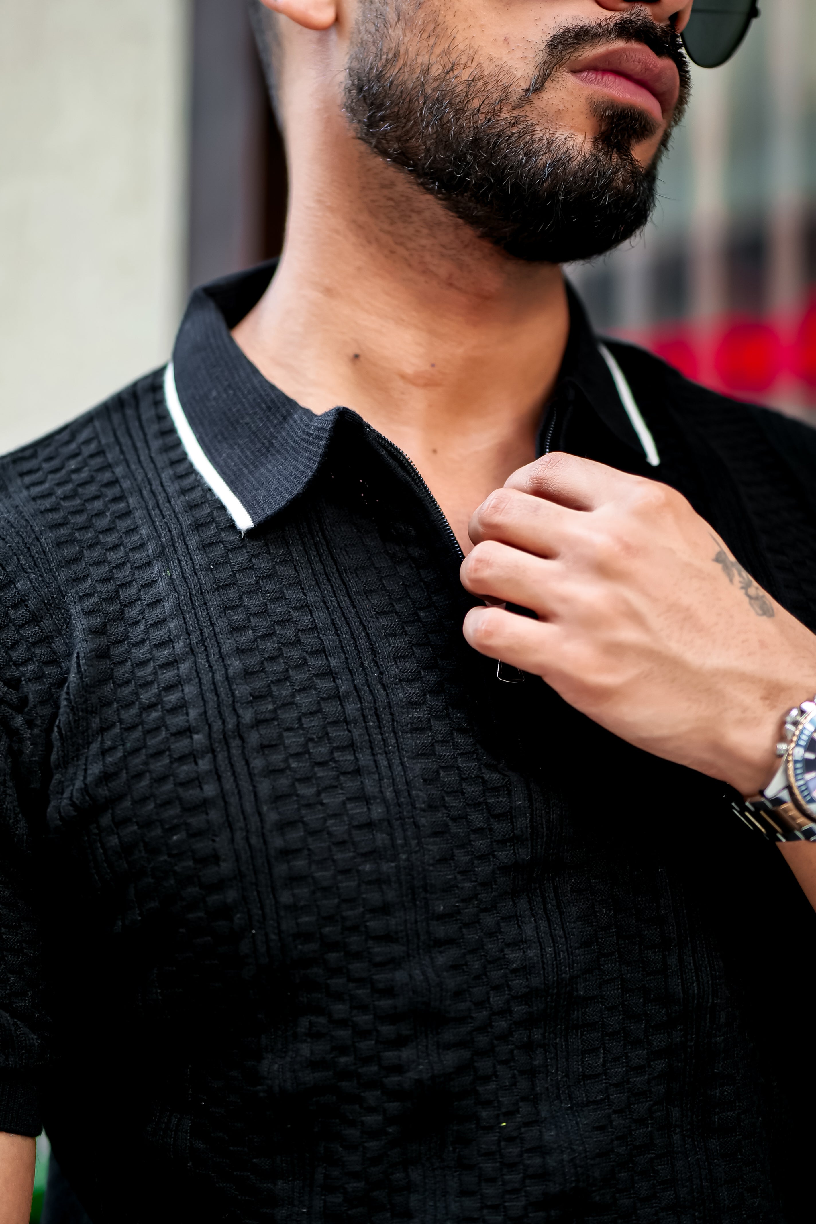 Black Embedded Texture Flat Knit Polo T-Shirt