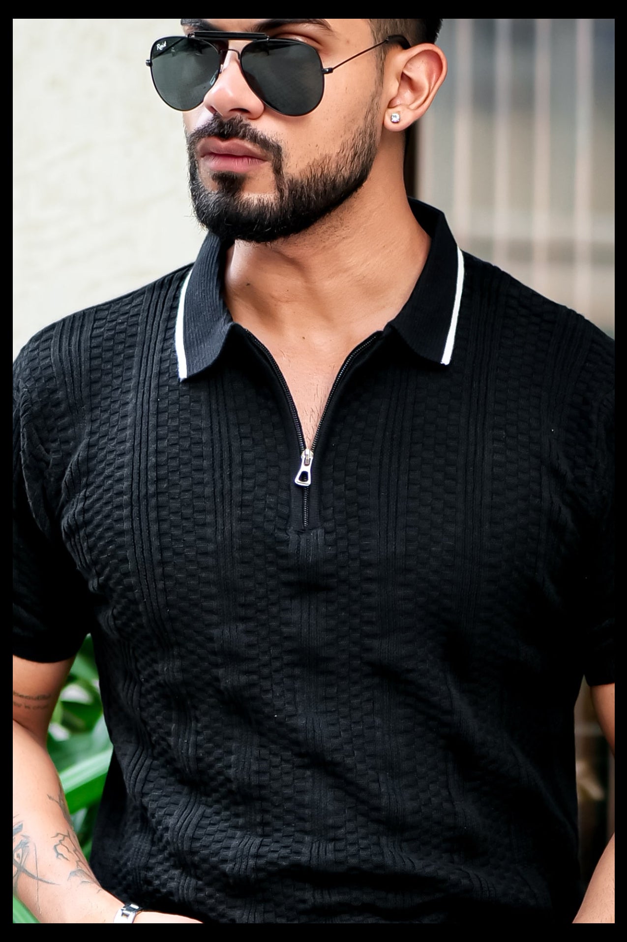 Black Embedded Texture Flat Knit Polo T-Shirt