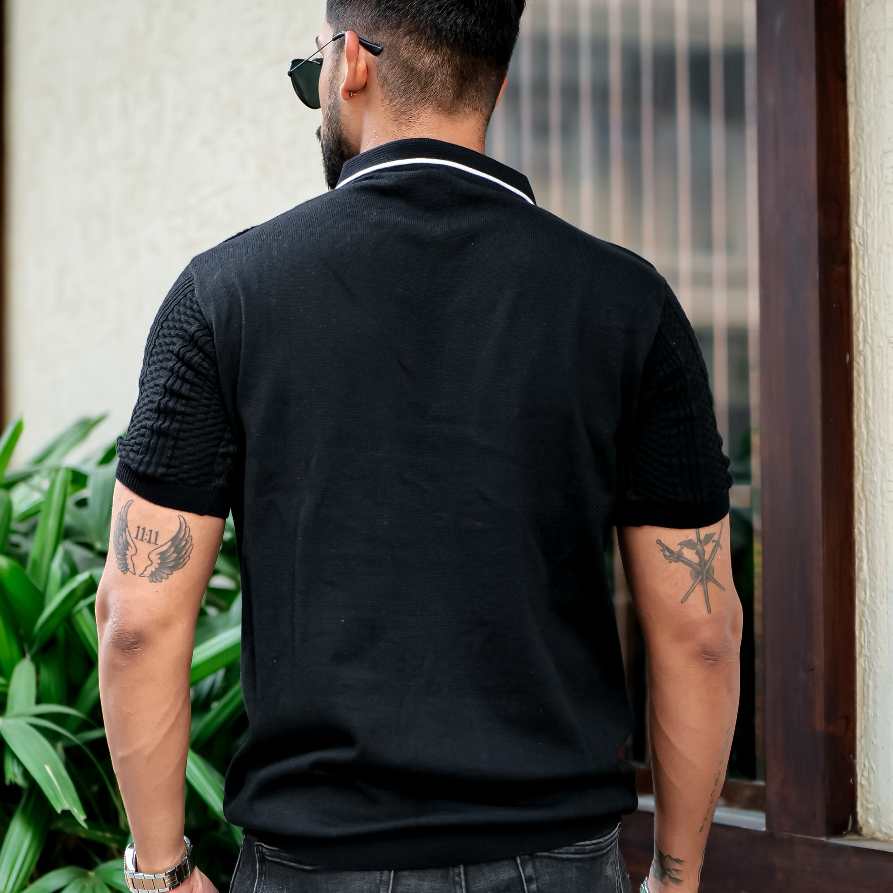 Black Embedded Texture Flat Knit Polo T-Shirt