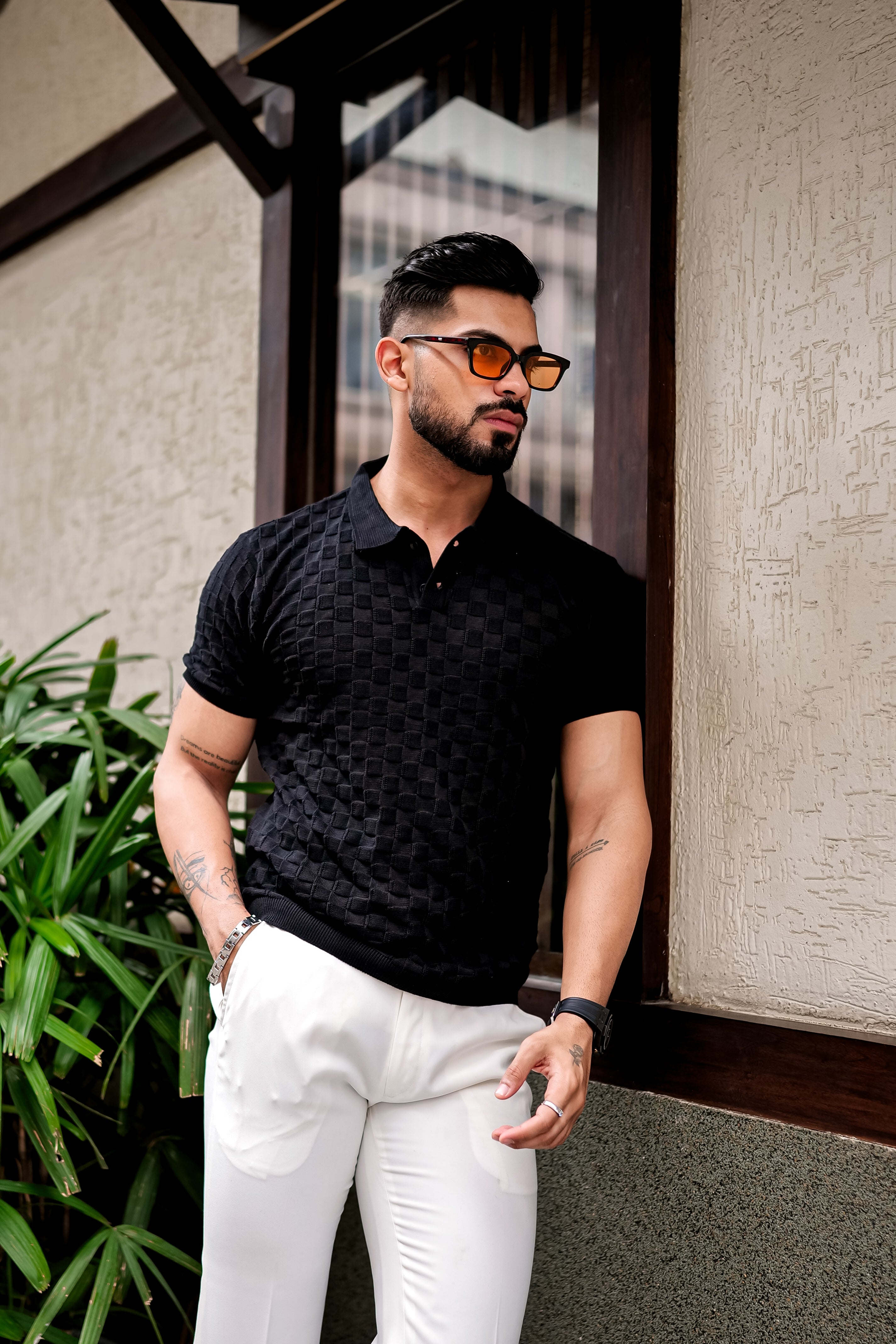 Black Embedded Texture Polo T-Shirt