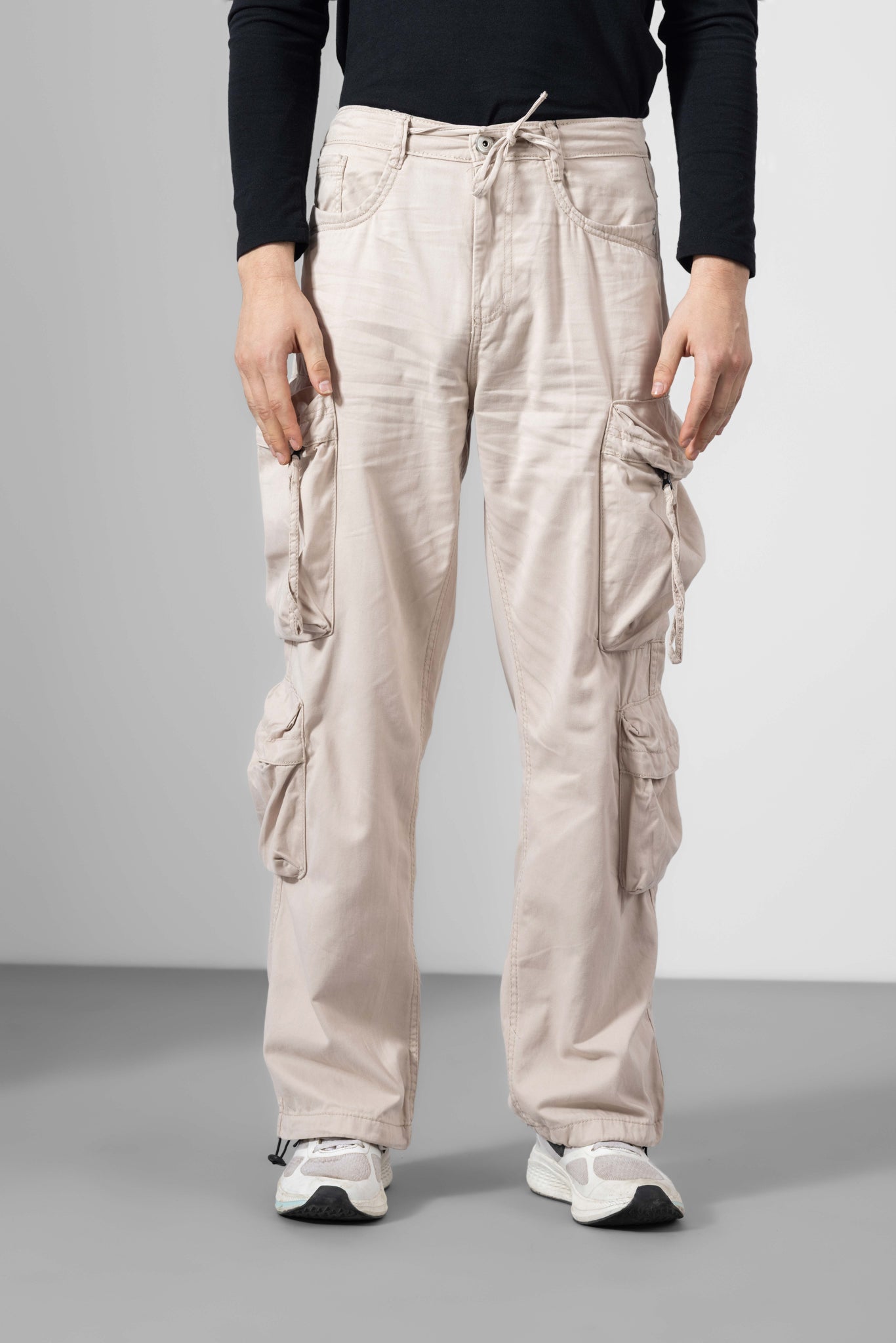 Cream Men Cotton Cargo Pants 8 Pockets