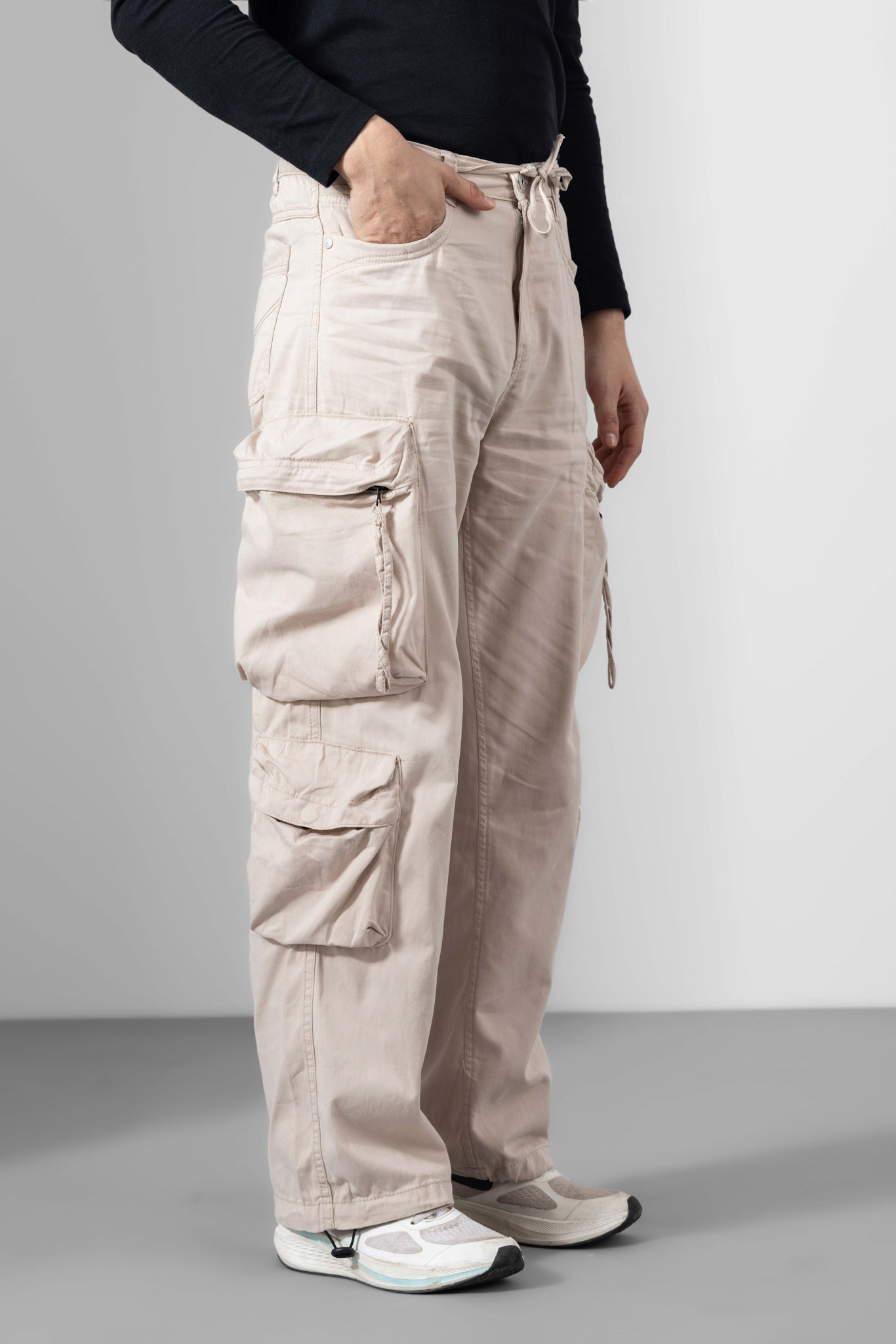 Cream Men Cotton Cargo Pants 8 Pockets