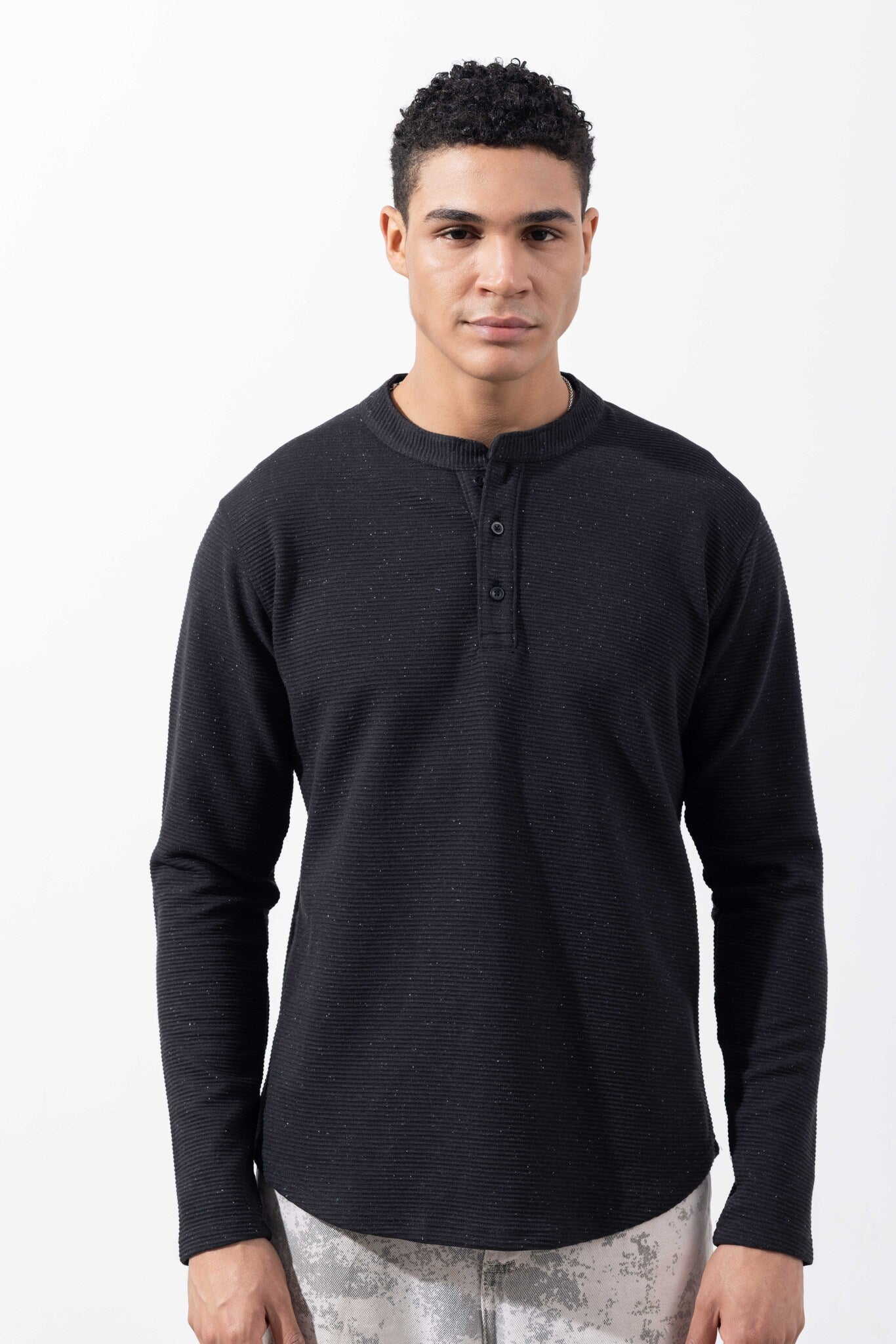 Black Full Sleeve Henley Neck T-Shirt