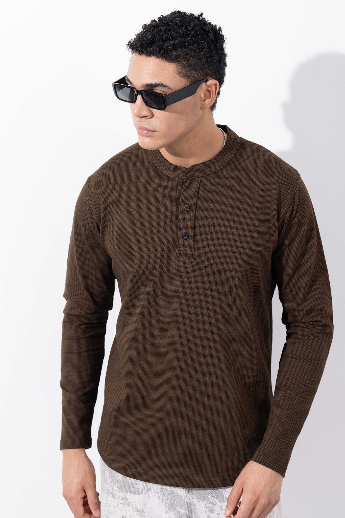 Brown Full Sleeve Self Design Henley T-Shirt