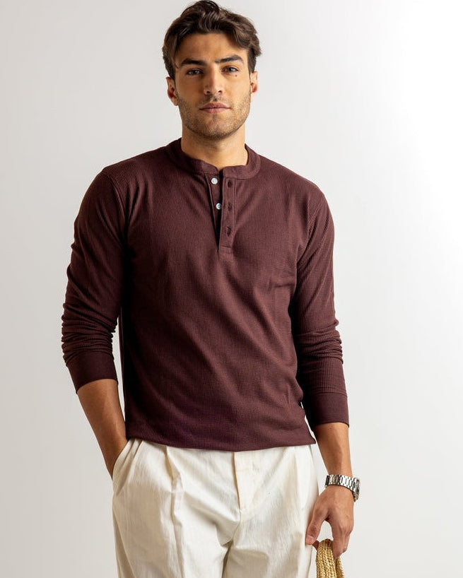 Brown Self Design Cotton Rib Zipper T-Shirt