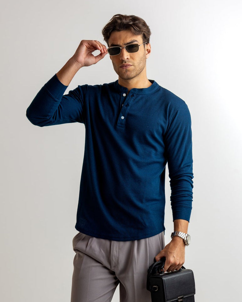 Dark Navy Waffle Knit Henley Neck T-Shirt
