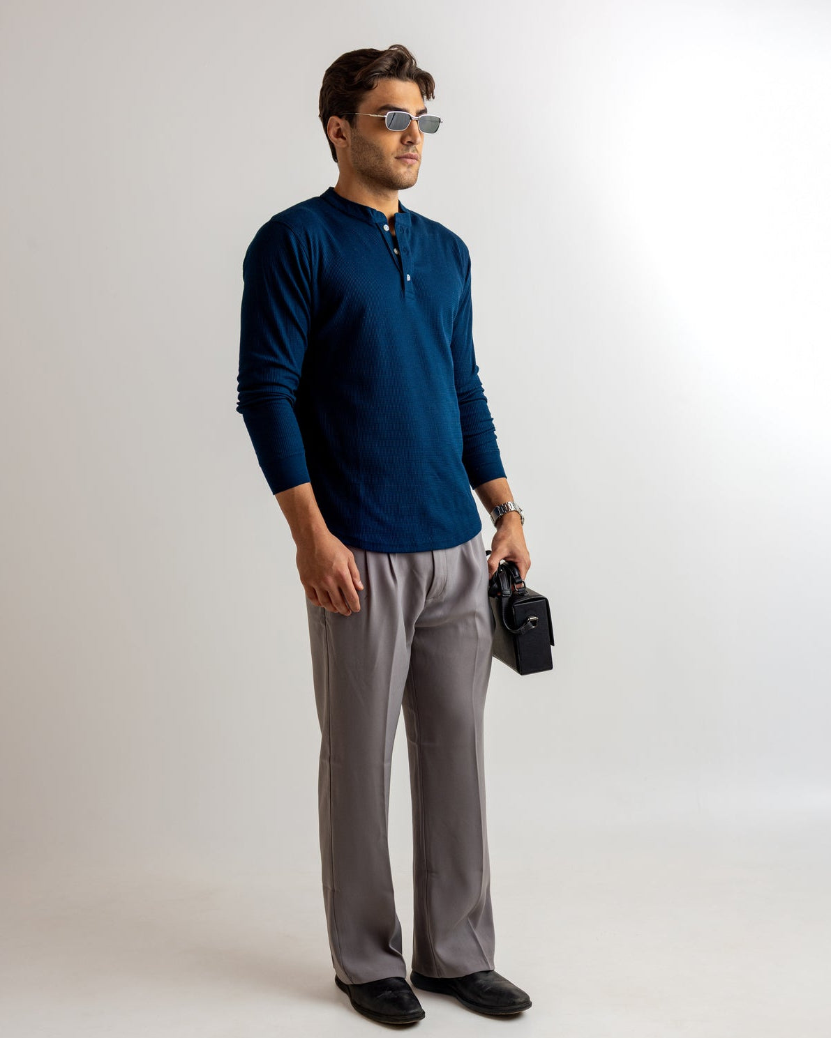 Dark Navy Waffle Knit Henley Neck T-Shirt