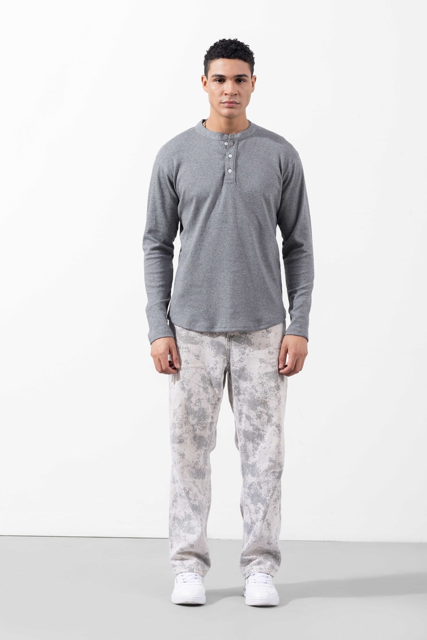 Grey Full Sleeve Self Design Henley T-Shirt
