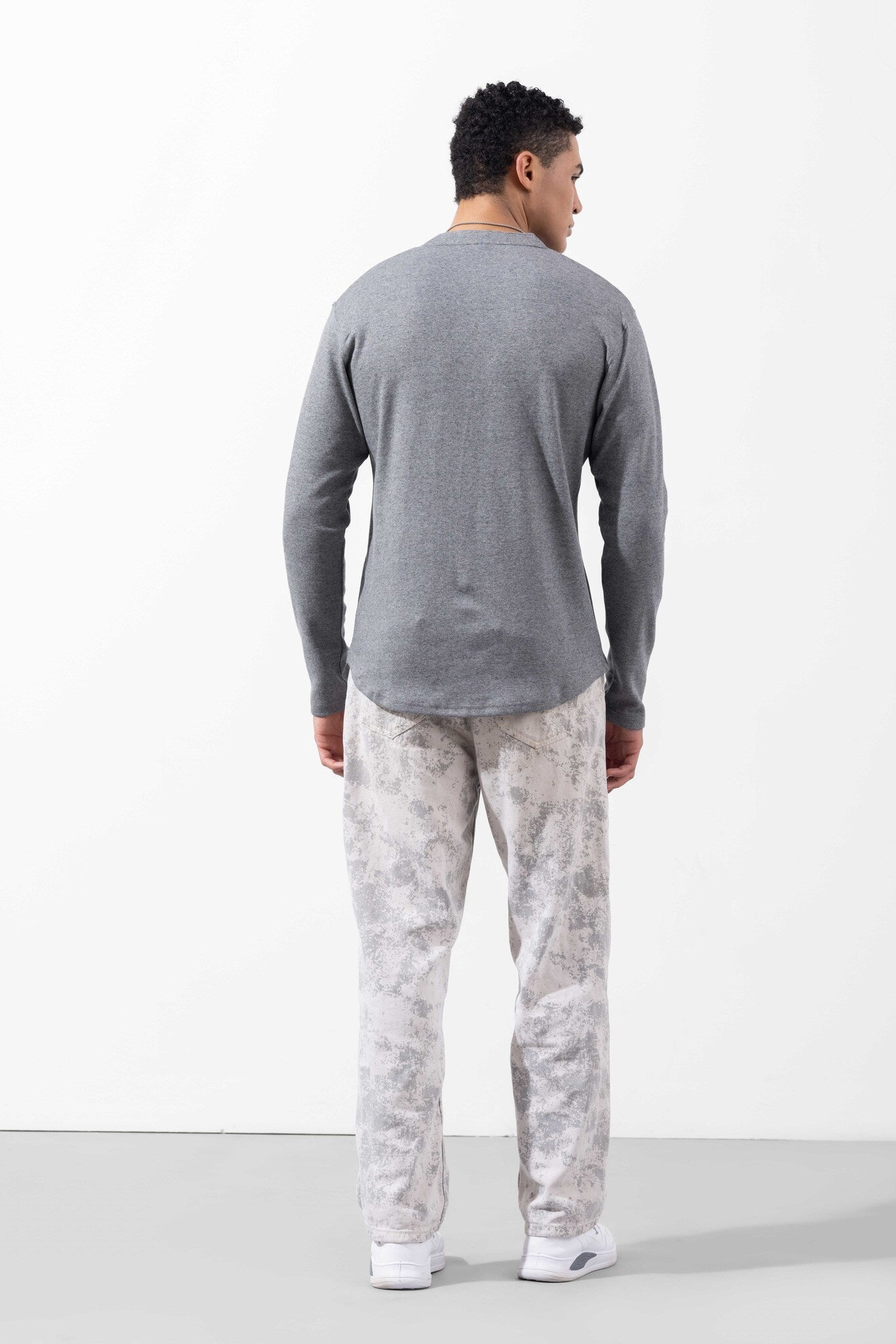 Grey Full Sleeve Self Design Henley T-Shirt