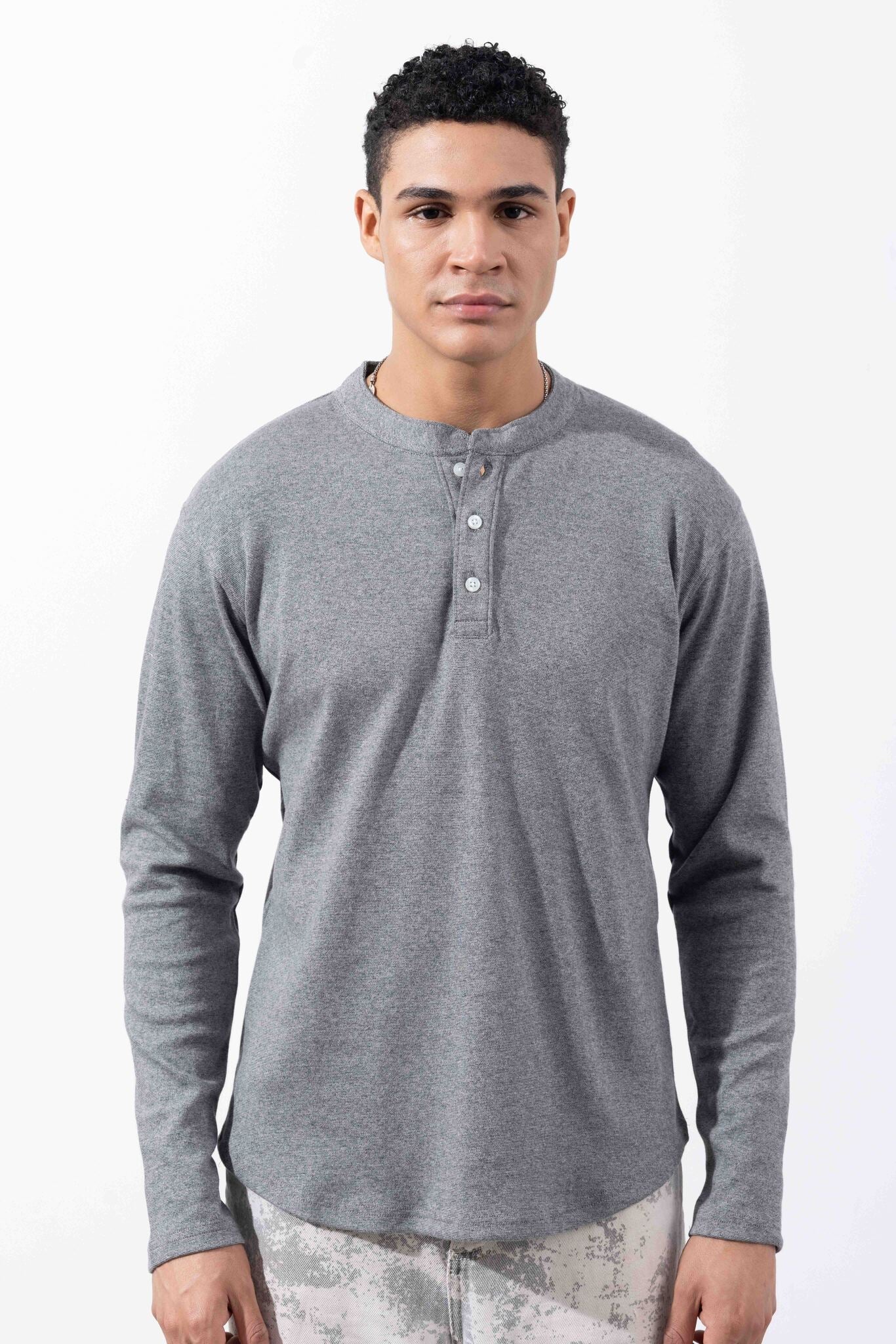 Grey Full Sleeve Self Design Henley T-Shirt