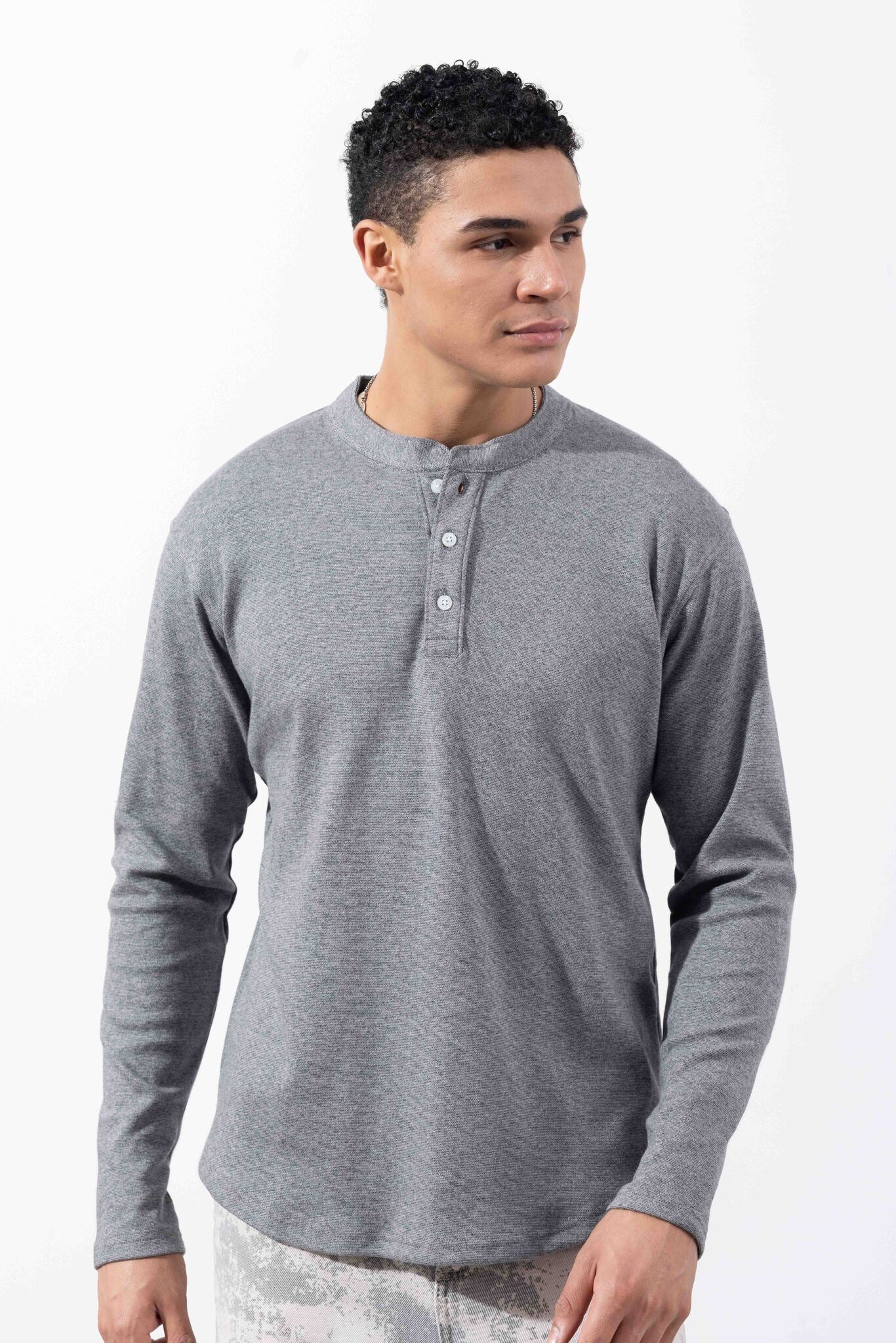 Grey Full Sleeve Self Design Henley T-Shirt