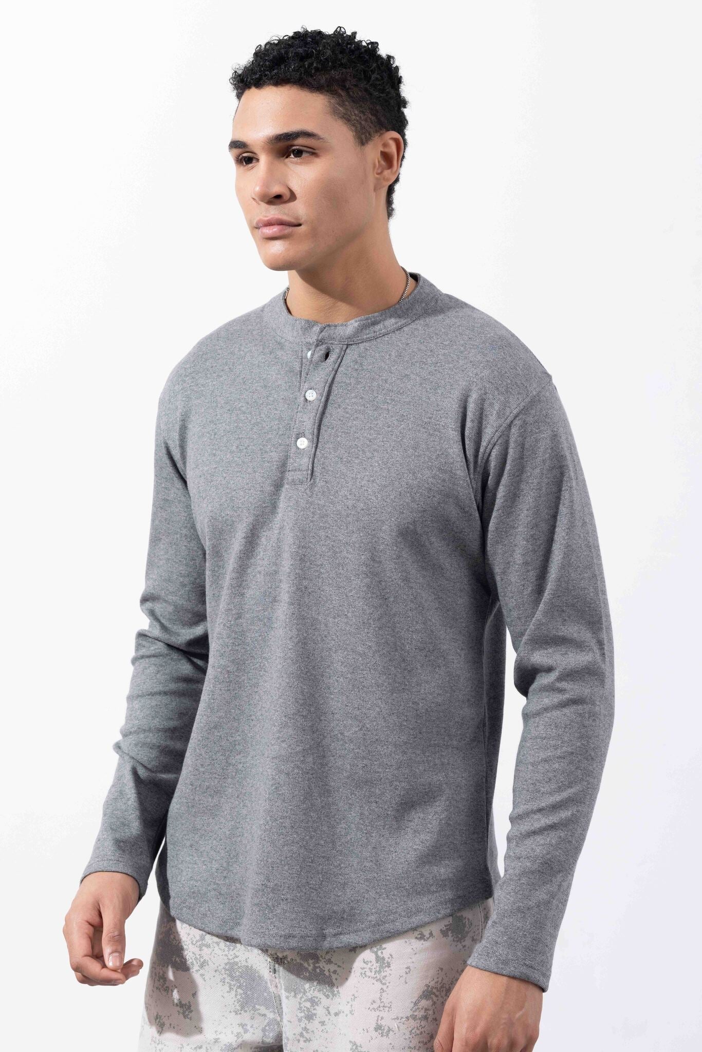 Grey Full Sleeve Self Design Henley T-Shirt