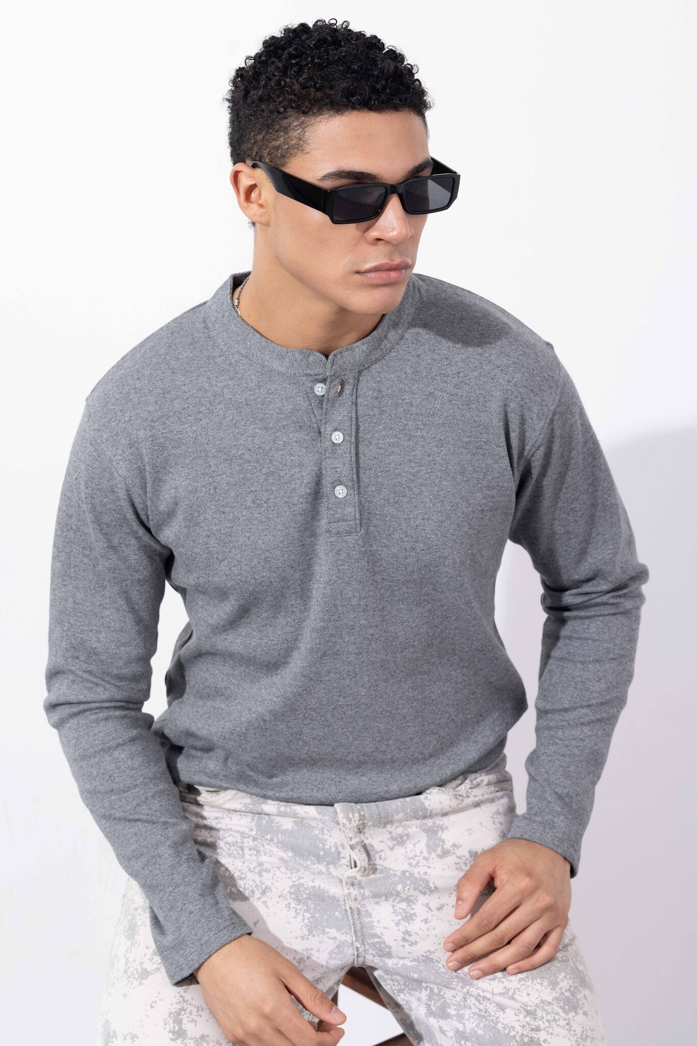 Grey Full Sleeve Self Design Henley T-Shirt
