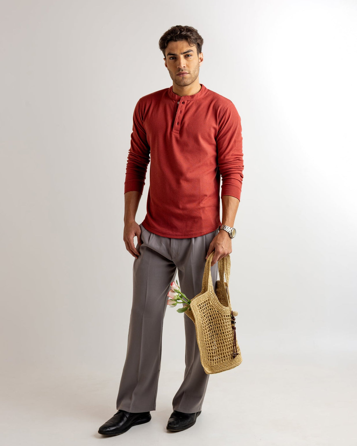 Maroon Waffle Knit Henley Neck T-Shirt