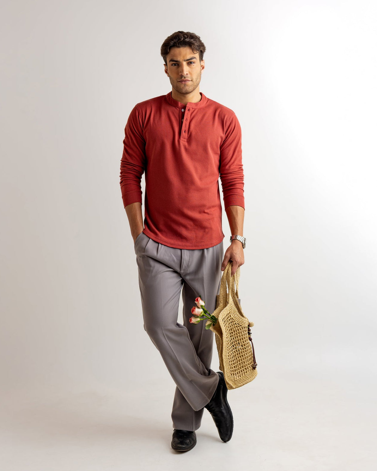 Maroon Waffle Knit Henley Neck T-Shirt